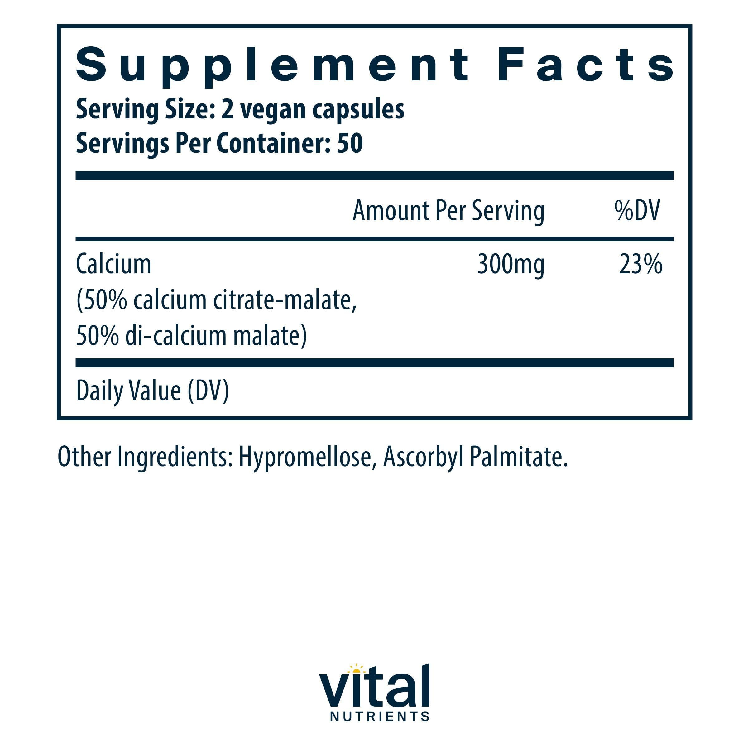 Capsules and bottle of Vital Nutrients Calcium Citrate & Malate Complex 150mg