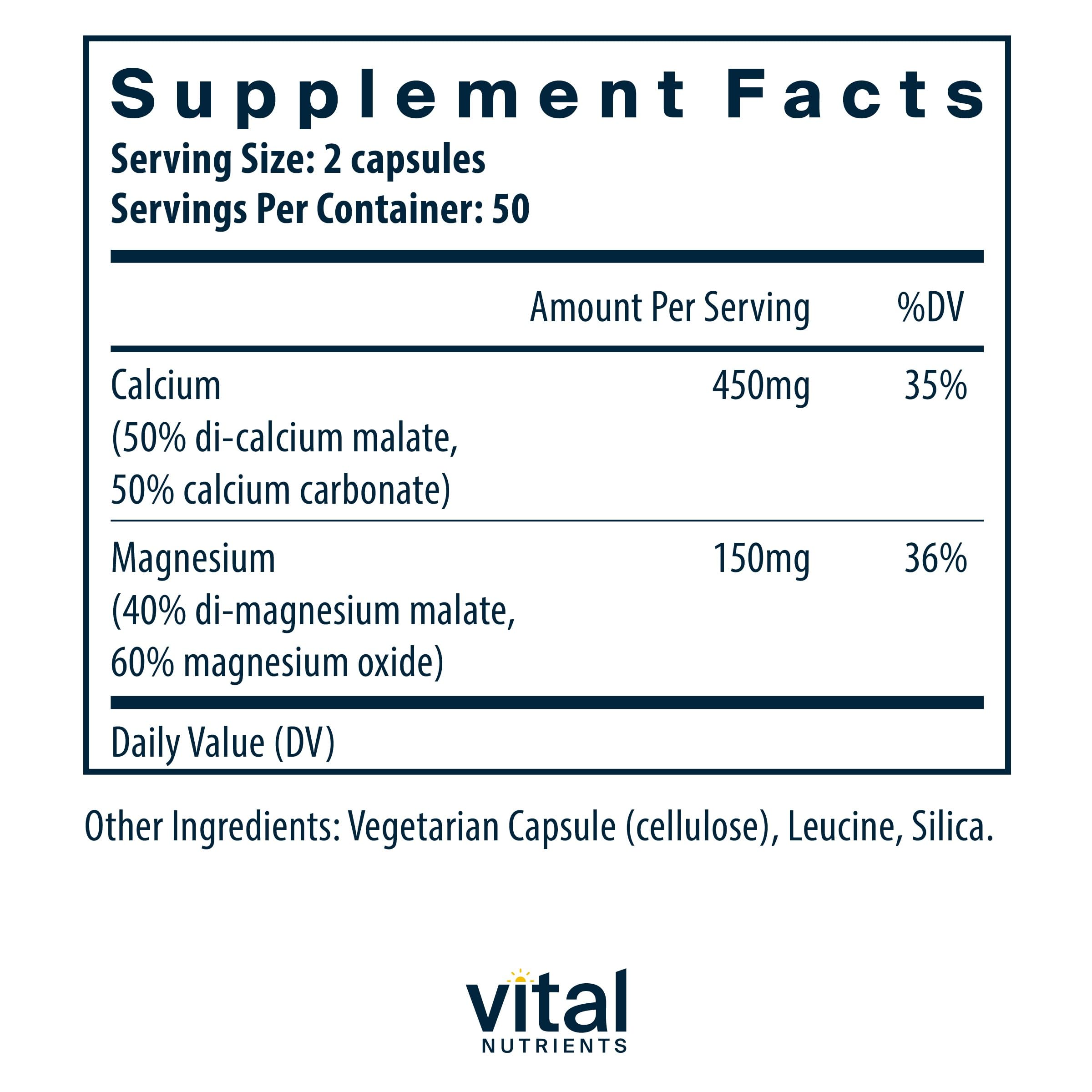 Vital Nutrients calcium-magnesium capsules closeup highlights easy daily use.
