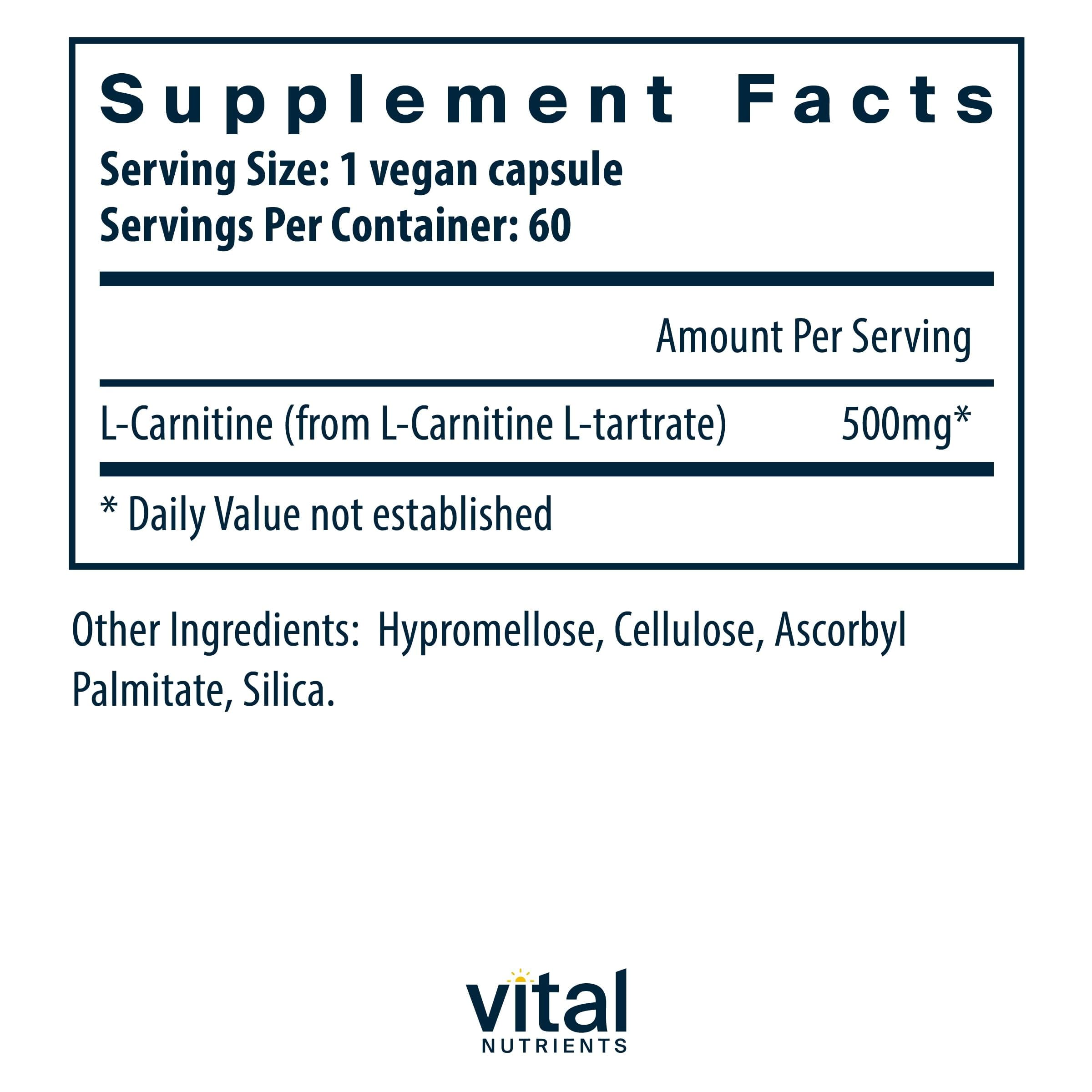 Close-up of Vital Nutrients Carnitine 500mg capsules