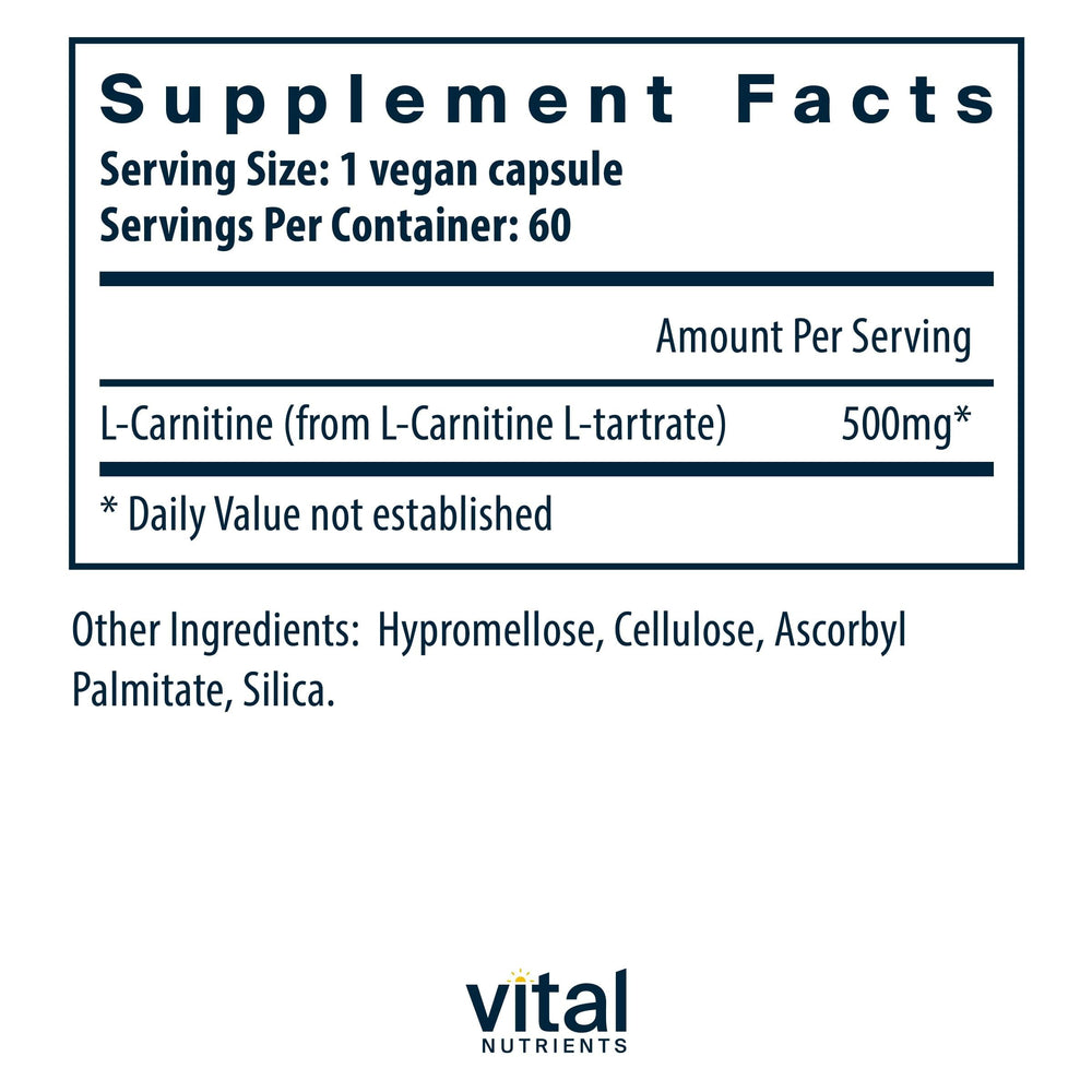 Close-up of Vital Nutrients Carnitine 500mg capsules