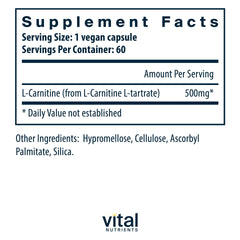 Close-up of Vital Nutrients Carnitine 500mg capsules