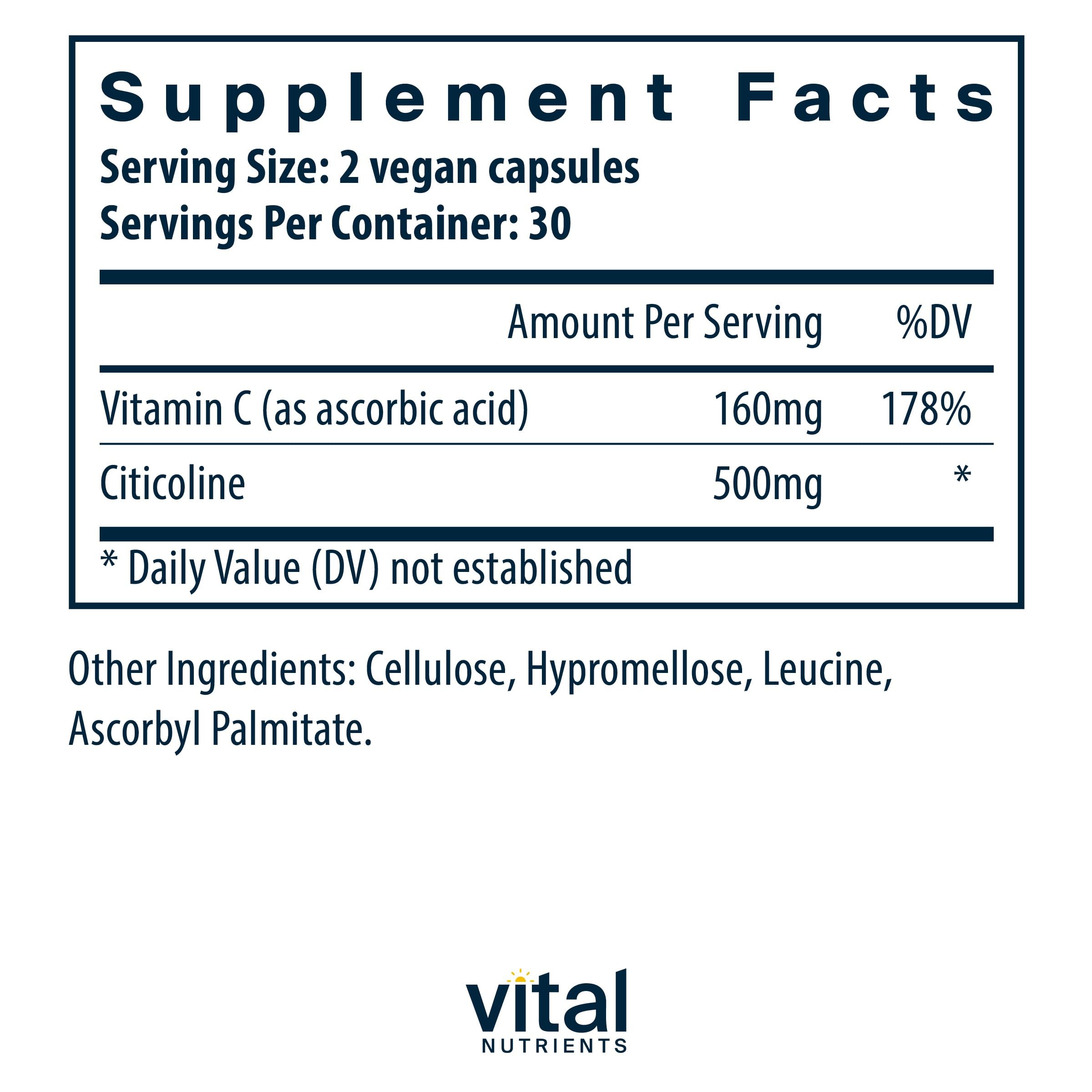 Citicoline capsules and bottle for Vital Nutrients – 60 capsules, 250 mg
