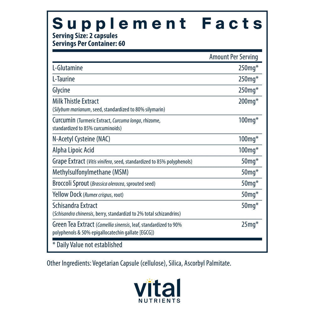 Vital Nutrients Detox Formula ingredients milk thistle and curcumin emphasize antioxidant support.