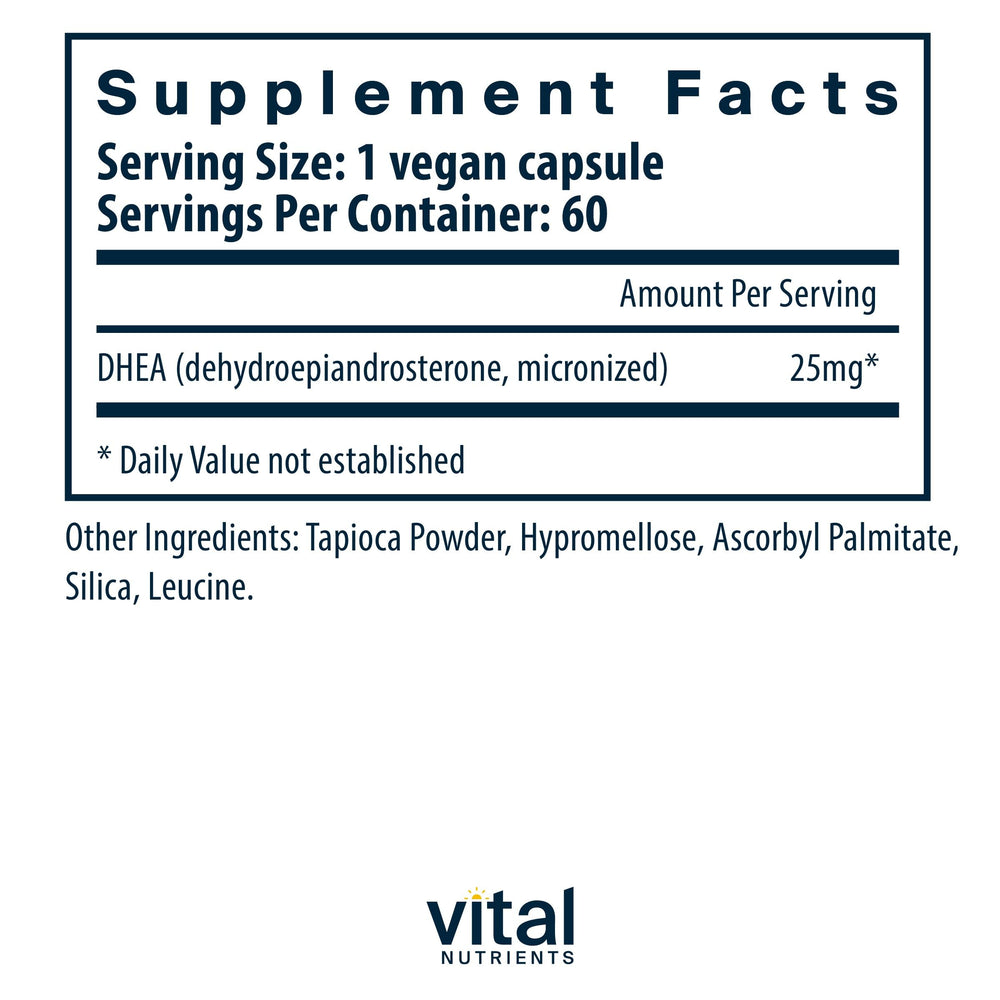 Vital Nutrients DHEA 25mg label close-up highlights a clean, allergen-free vegan formulation.