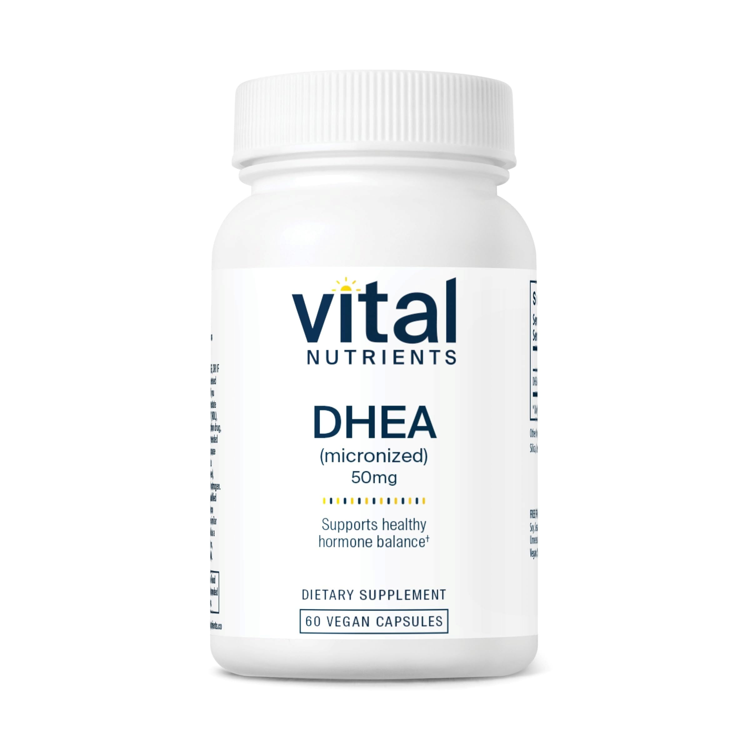 Vital Nutrients DHEA 50mg bottle close-up highlighting the vegan micronized formula for hormone support.