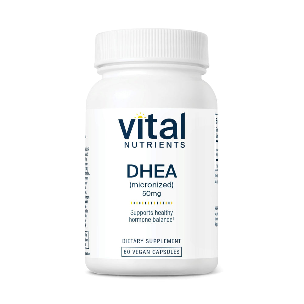 Vital Nutrients DHEA 50mg bottle close-up highlighting the vegan micronized formula for hormone support.