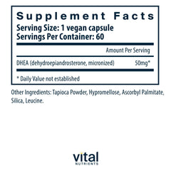 Vital Nutrients DHEA bottle beside fruits signals metabolism support and healthy aging.