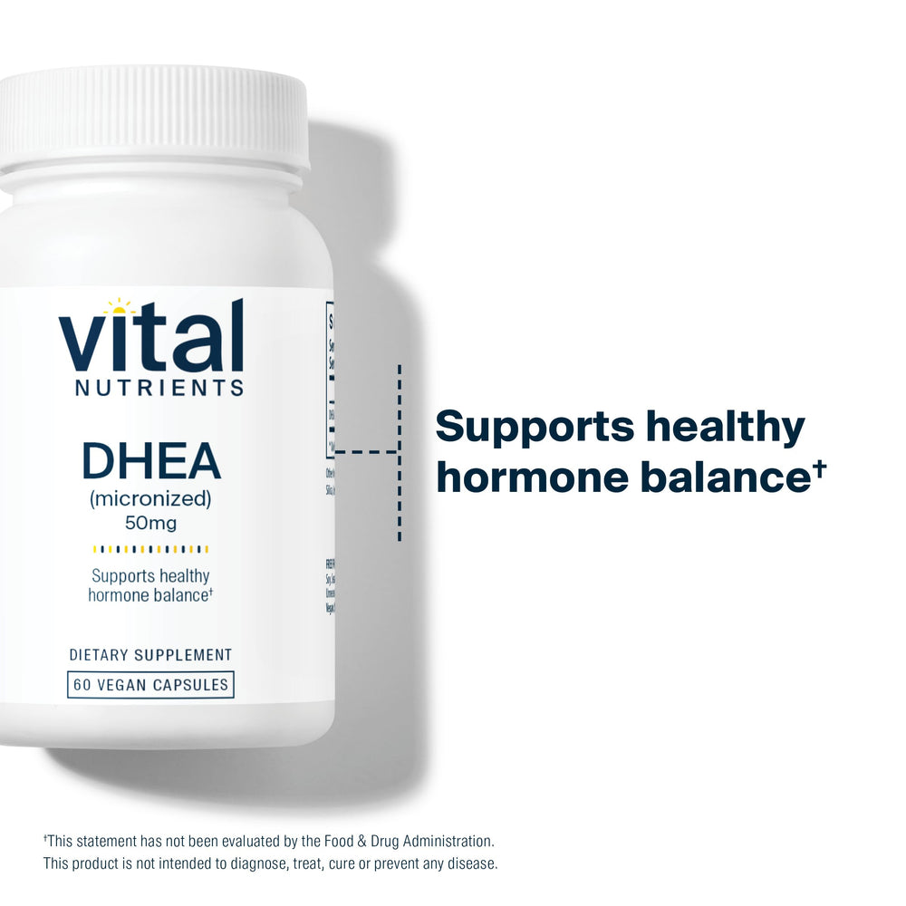 Vital Nutrients DHEA bottle in a morning routine scene with water.
