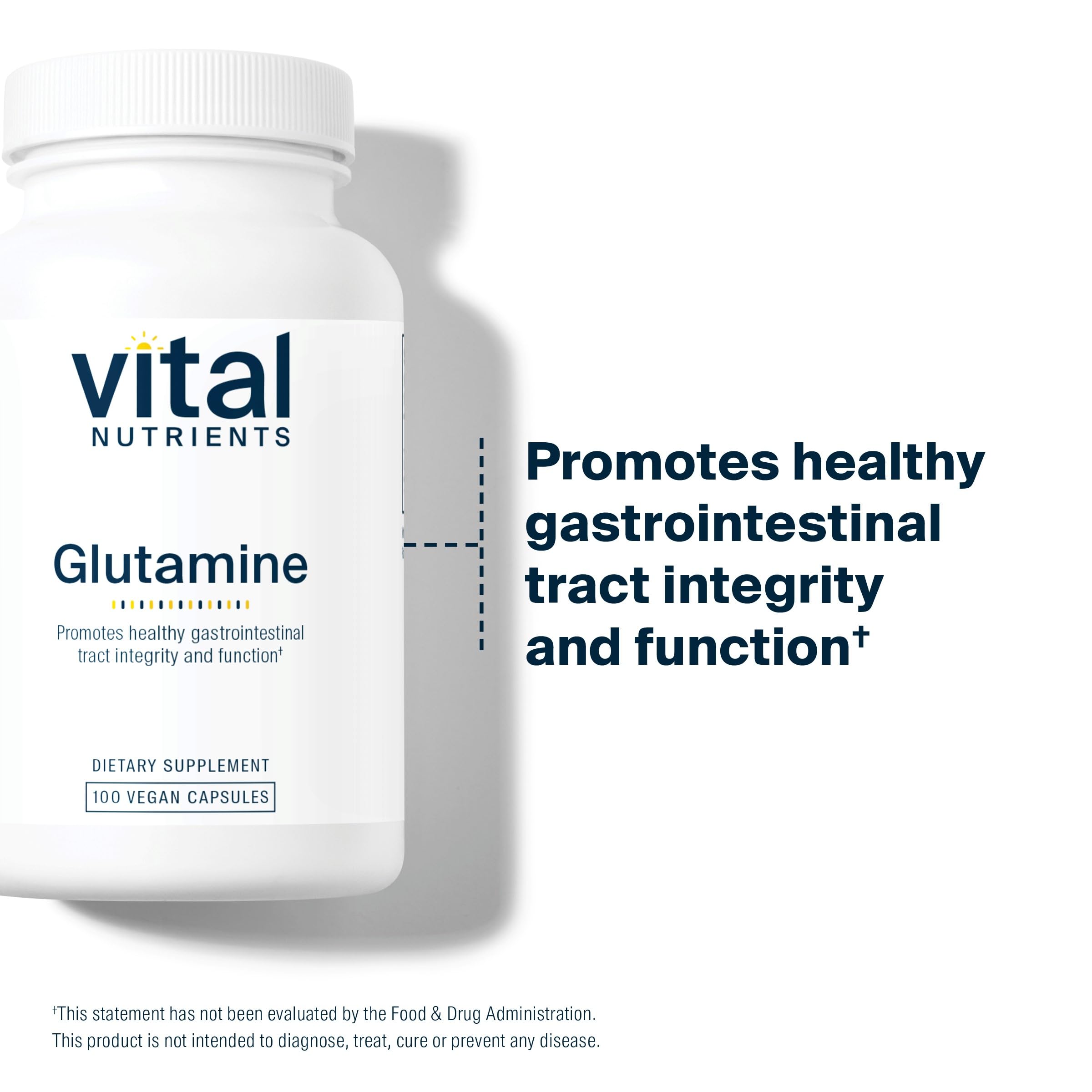Pack shot of Vital Nutrients Glutamine 3400mg bottle on white background