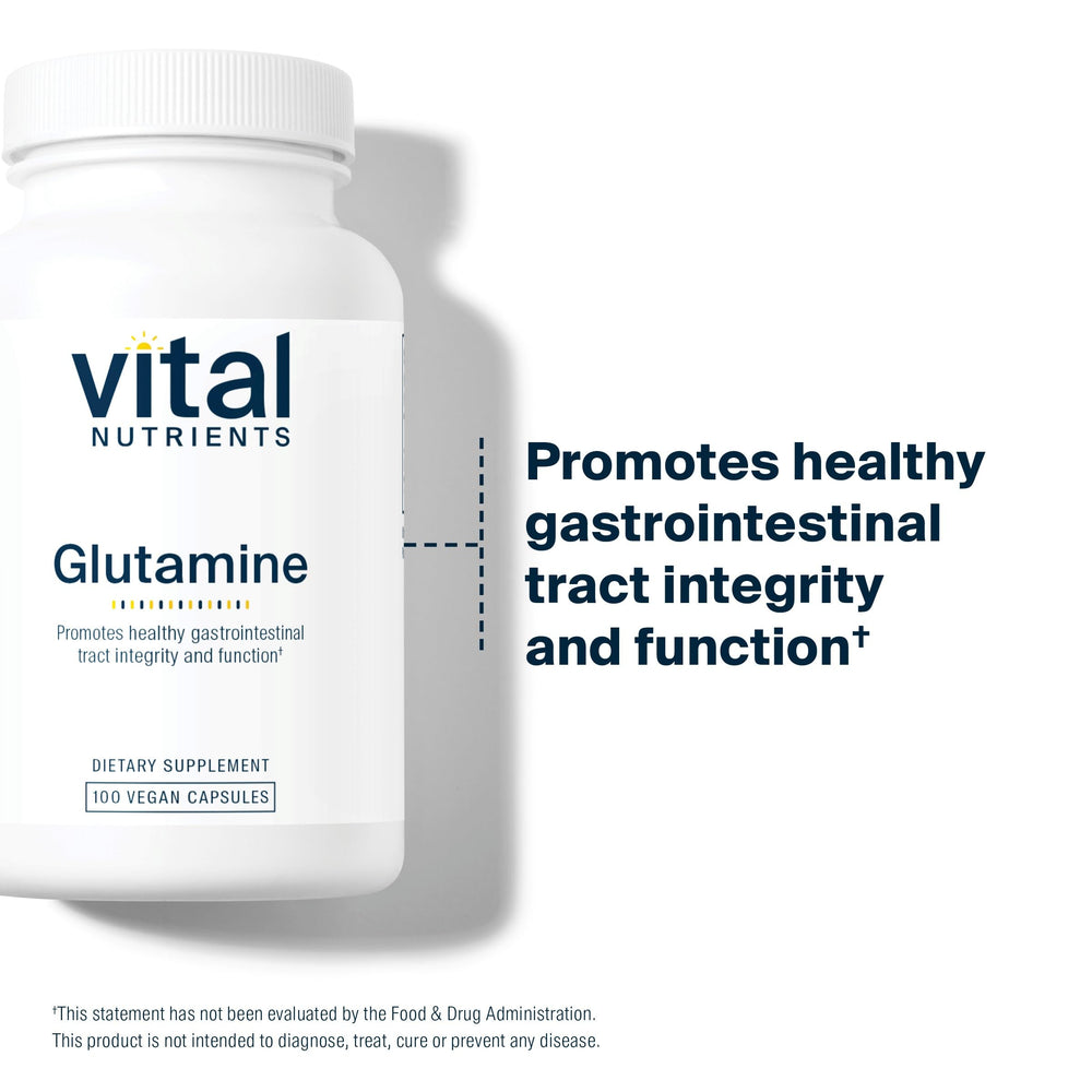 Pack shot of Vital Nutrients Glutamine 3400mg bottle on white background