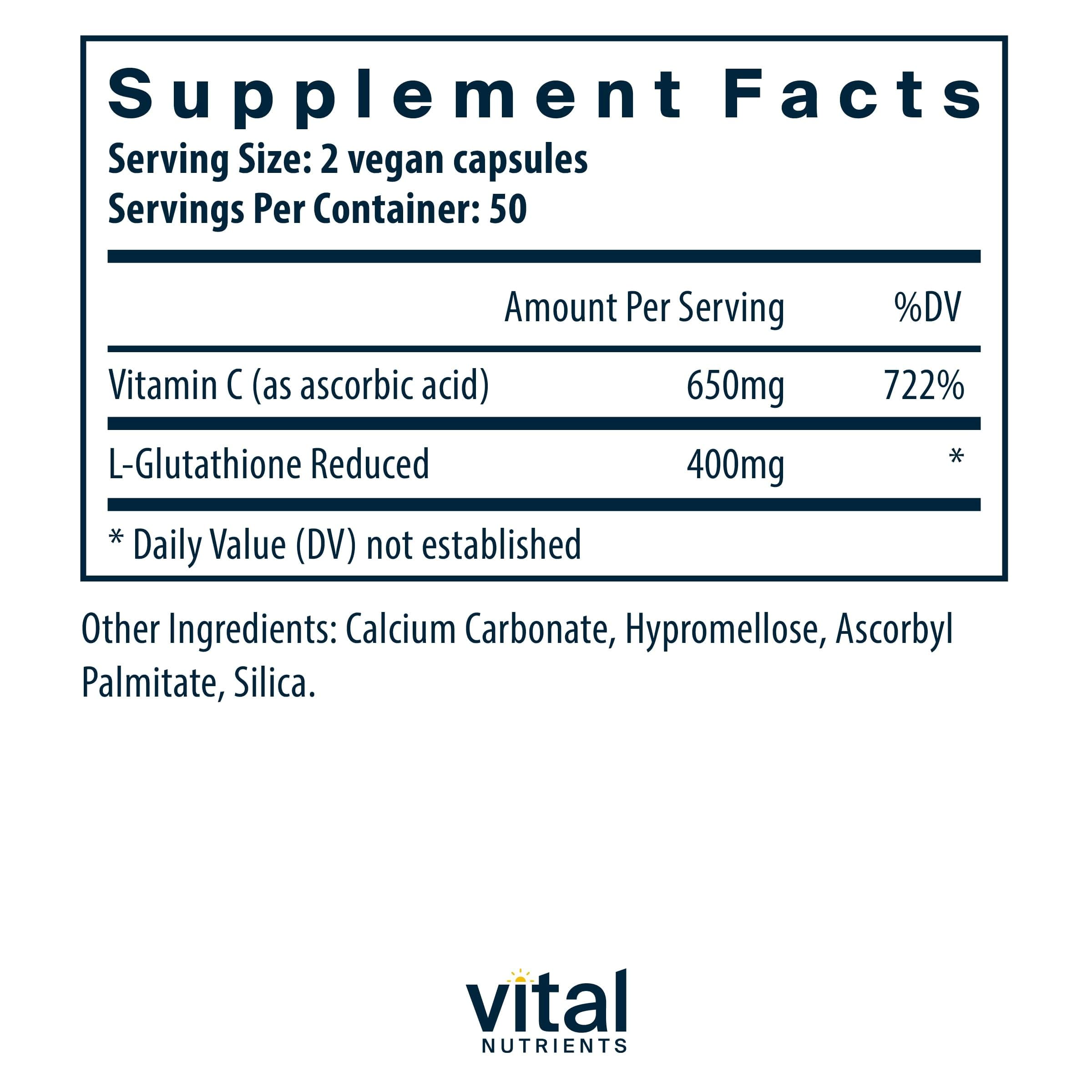 Vital Nutrients Glutathione capsules poured to illustrate easy daily intake