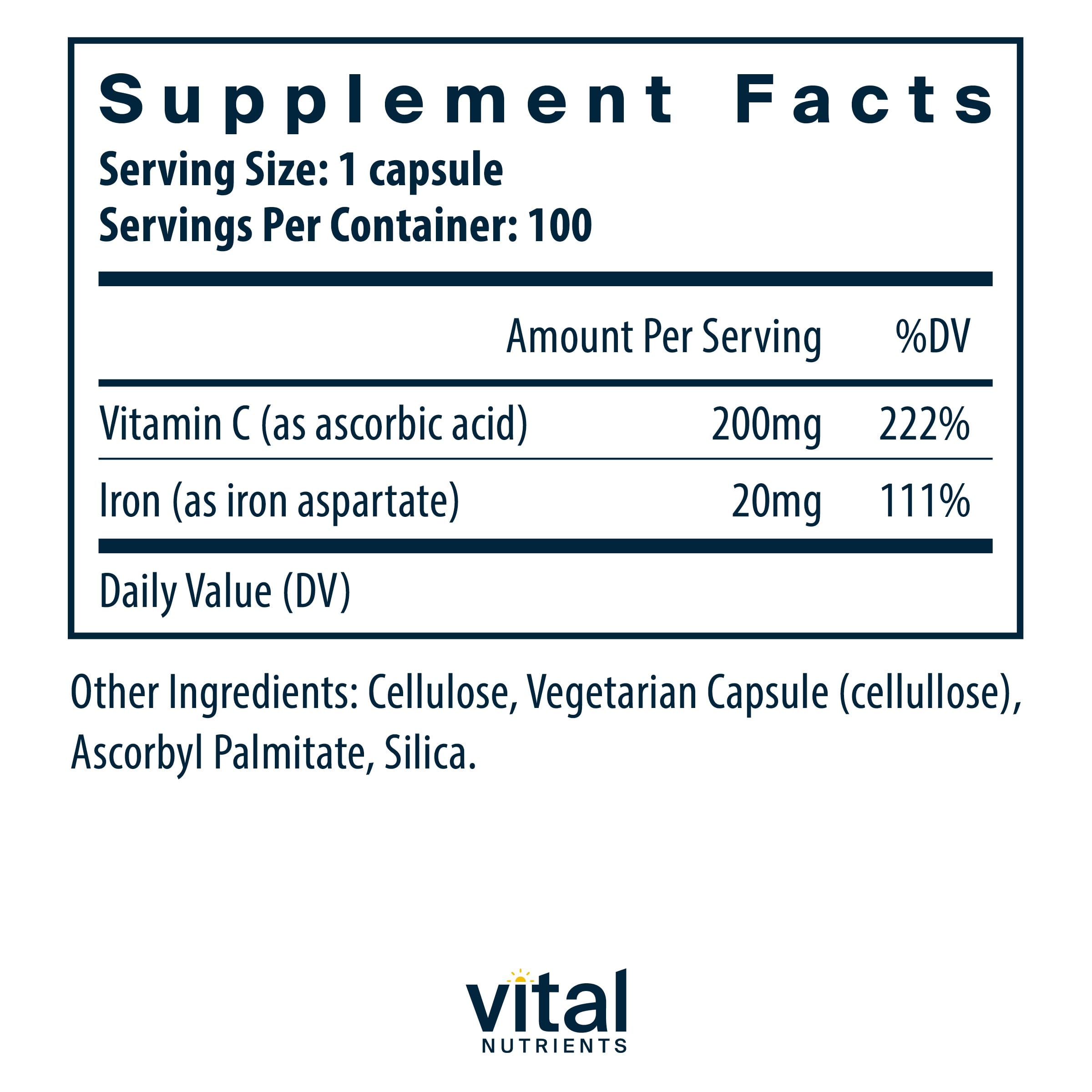 Vital Nutrients Iron Plus C label close-up
