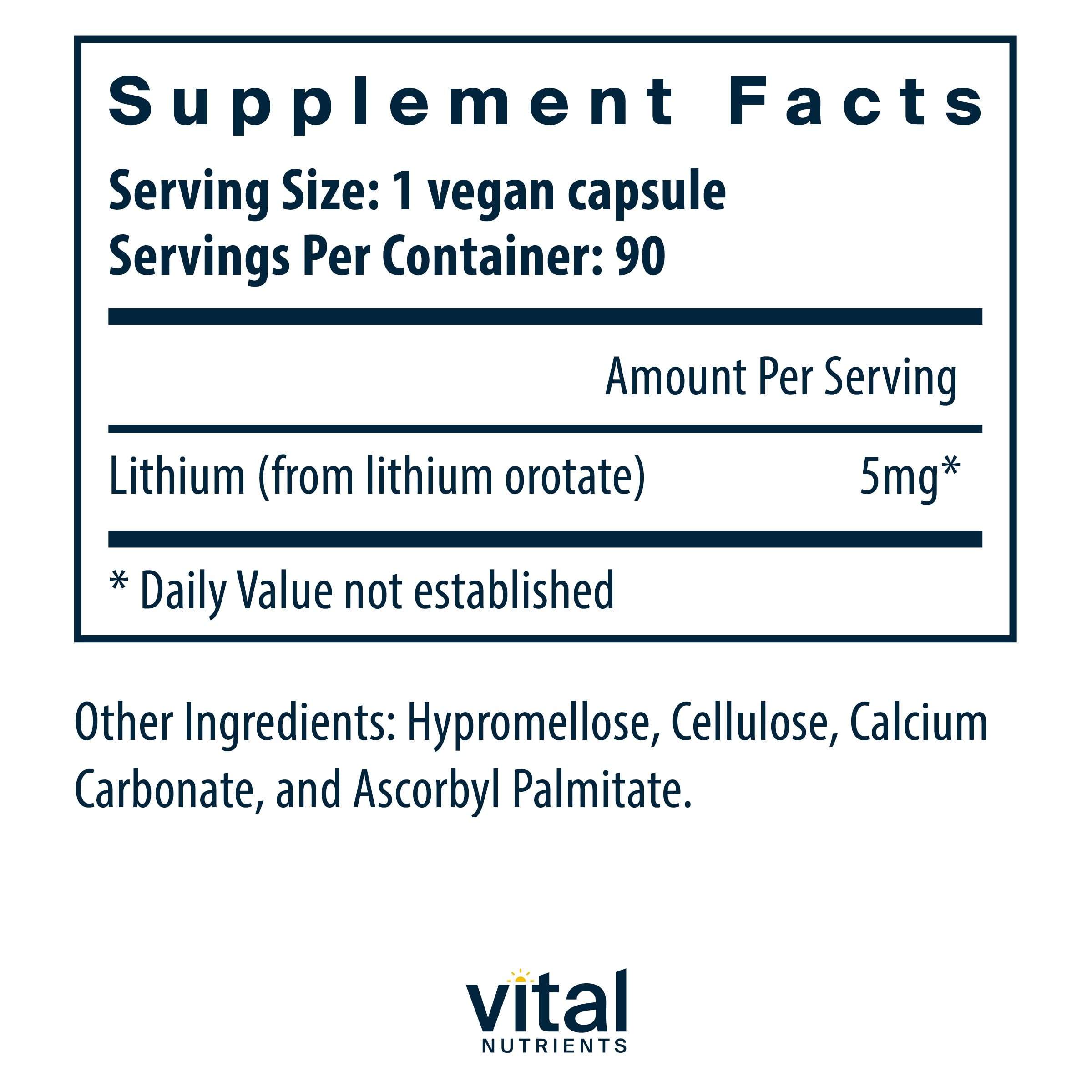 Vital Nutrients Lithium Orotate 5mg bottle back label with dosage information