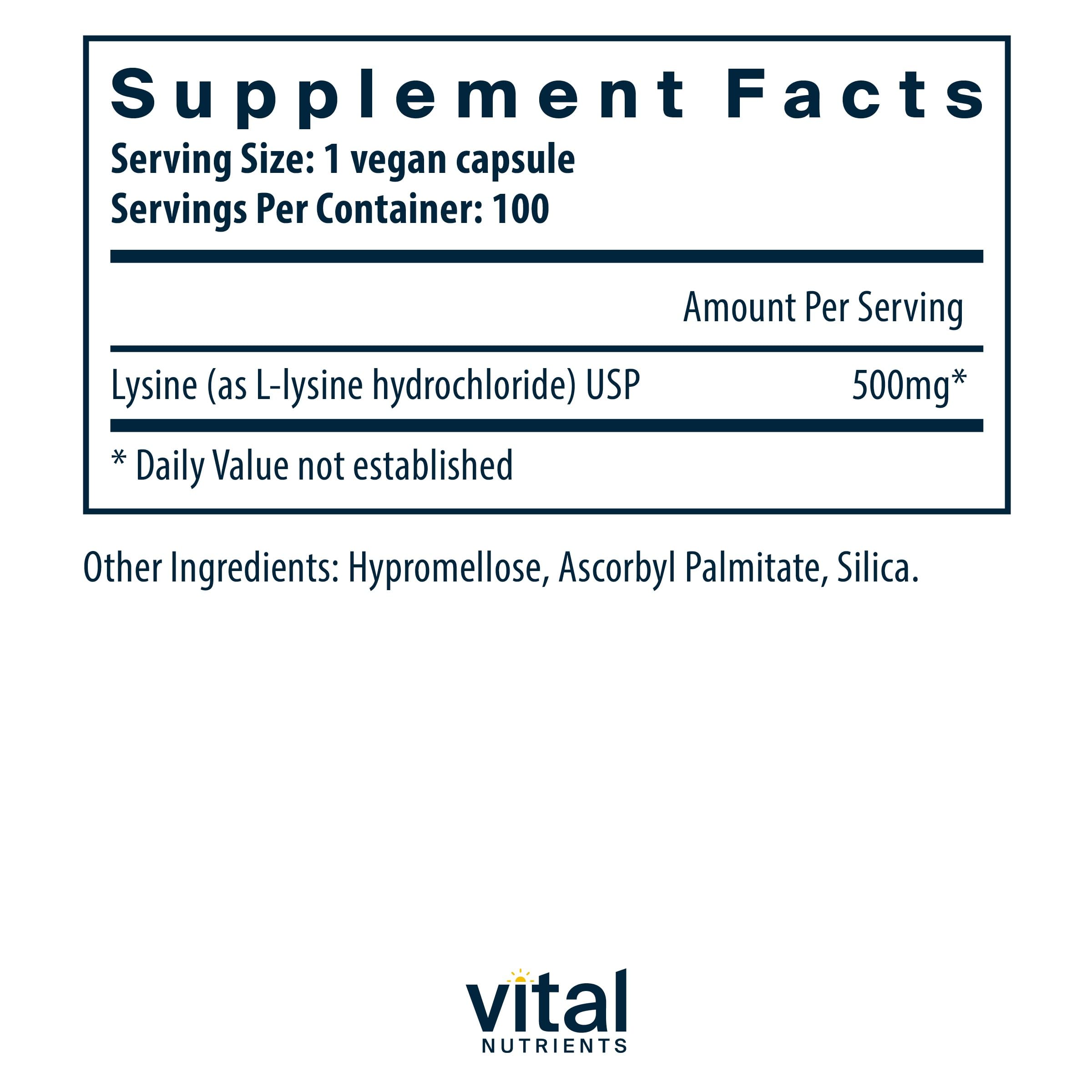 Back label of Vital Nutrients Lysine bottle showing supplement facts