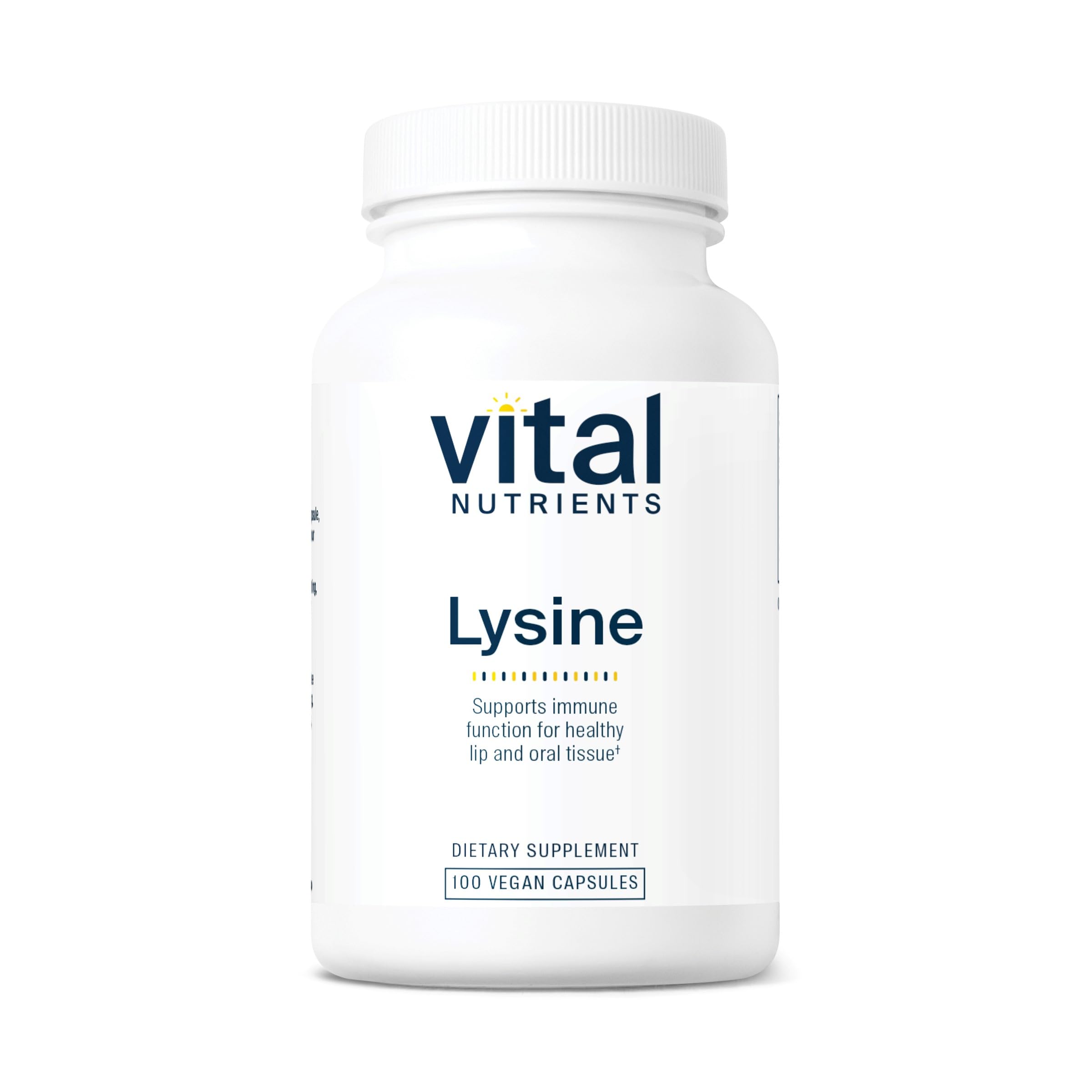 Front view of Vital Nutrients Lysine bottle containing 100 capsules