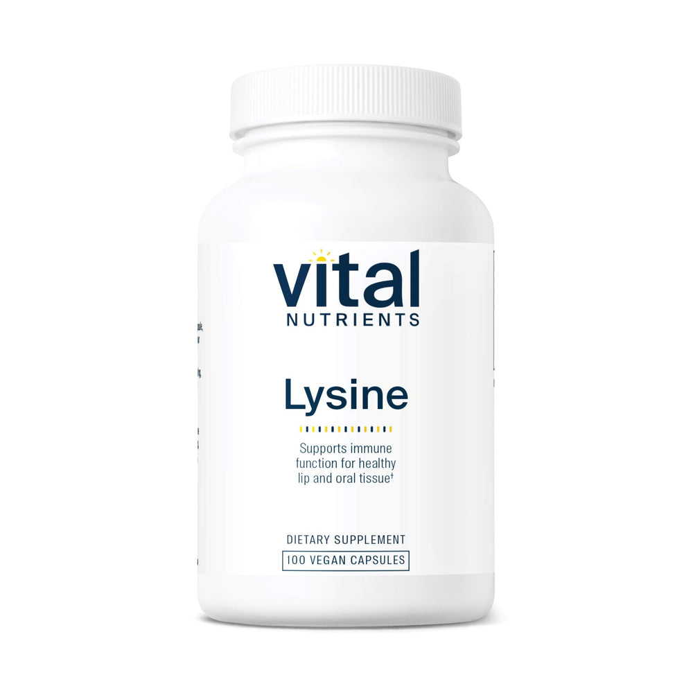 Front view of Vital Nutrients Lysine bottle containing 100 capsules
