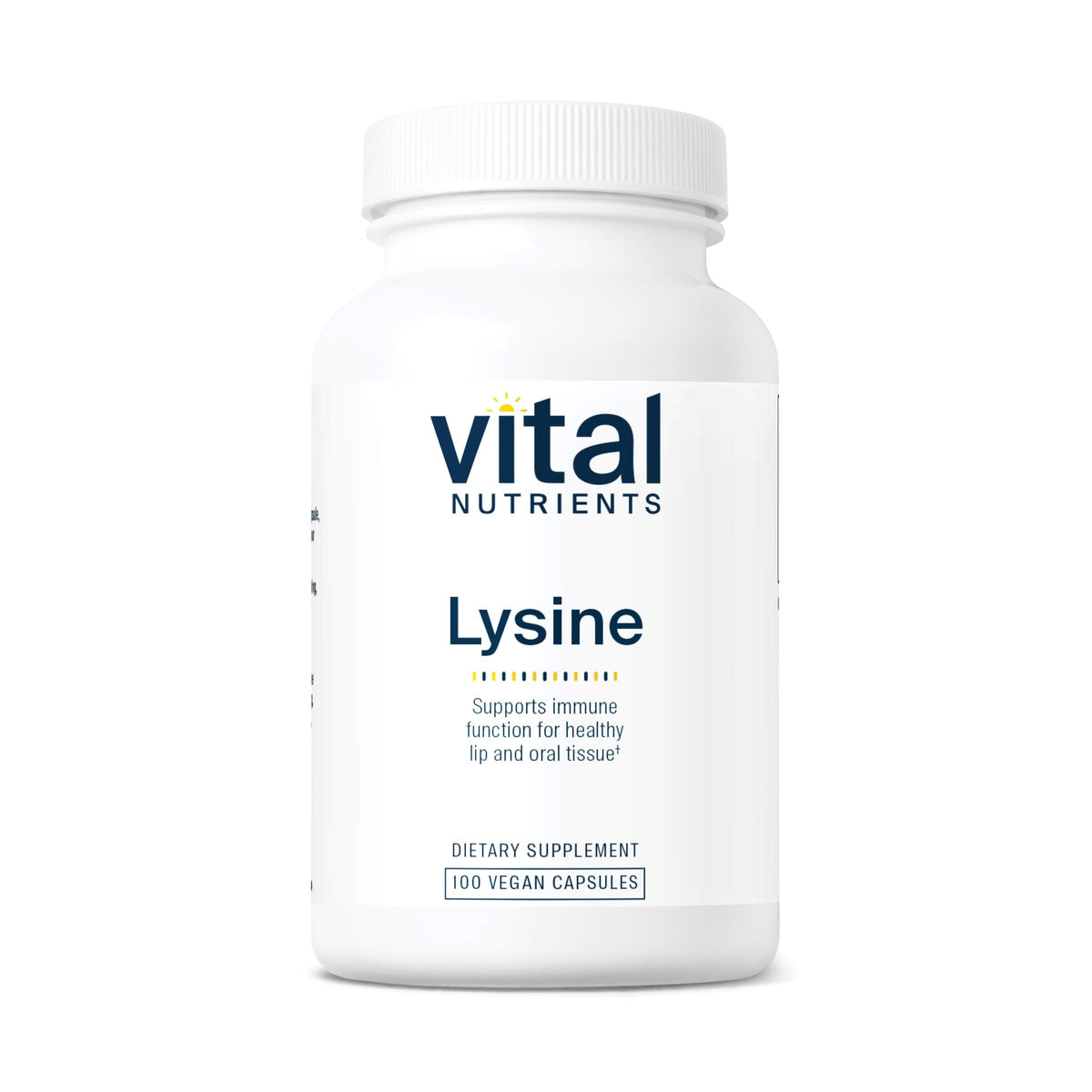 Front view of Vital Nutrients Lysine bottle containing 100 capsules