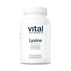 Front view of Vital Nutrients Lysine bottle containing 100 capsules