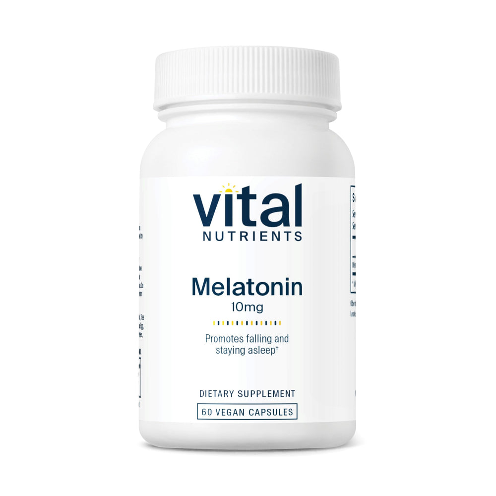 Vital Nutrients Melatonin 10mg bottle on a nightstand supports a calmer bedtime routine.