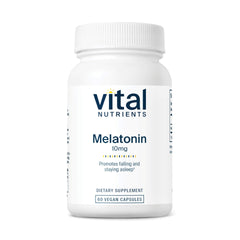 Vital Nutrients Melatonin 10mg bottle on a nightstand supports a calmer bedtime routine.