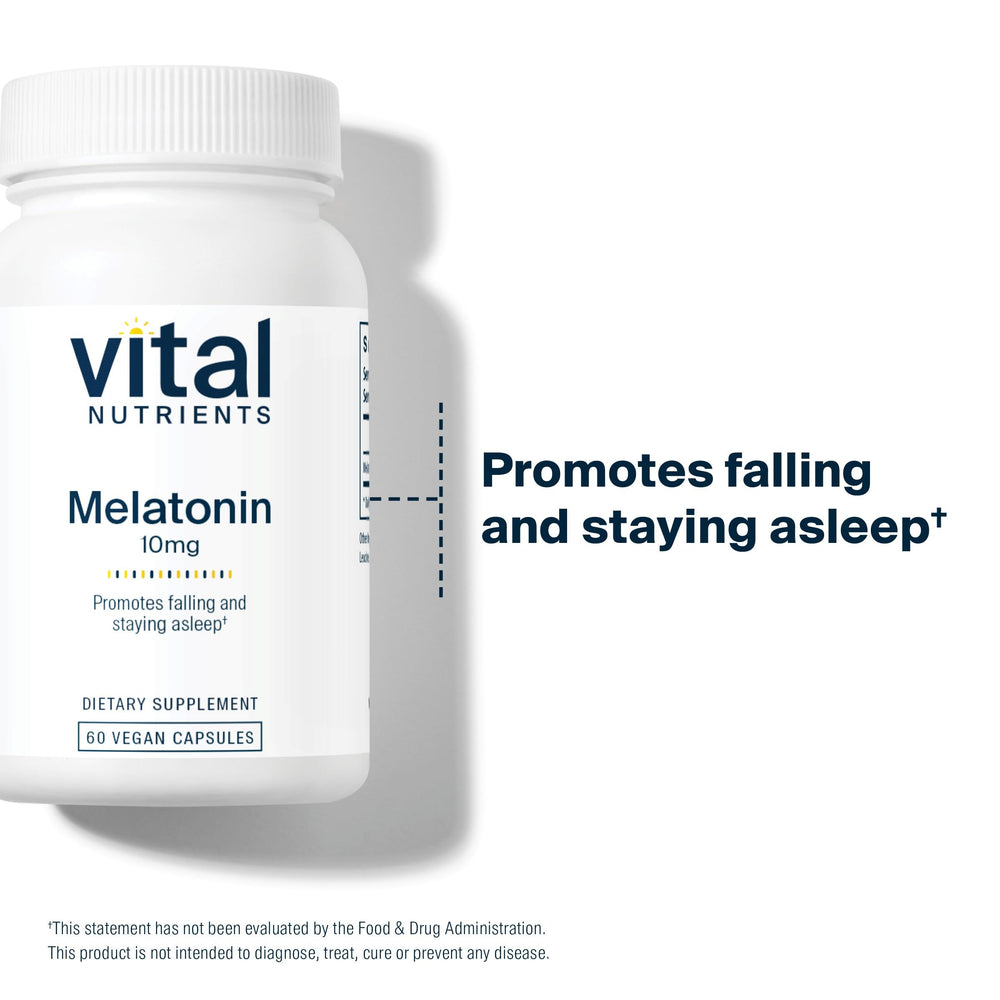 Vital Nutrients melatonin capsules resting near an alarm clock illustrate calm, restorative nights.