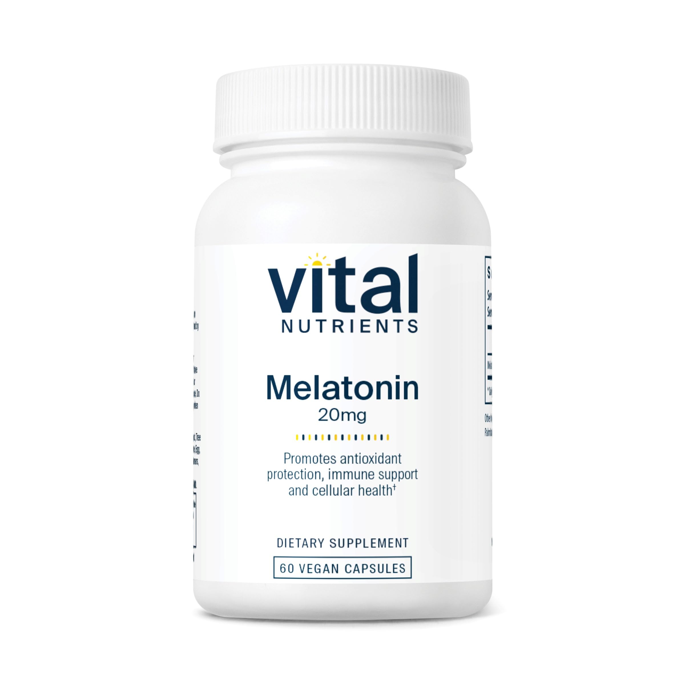 Vital Nutrients Melatonin 20mg bottle showing vegan sleep-support formula.