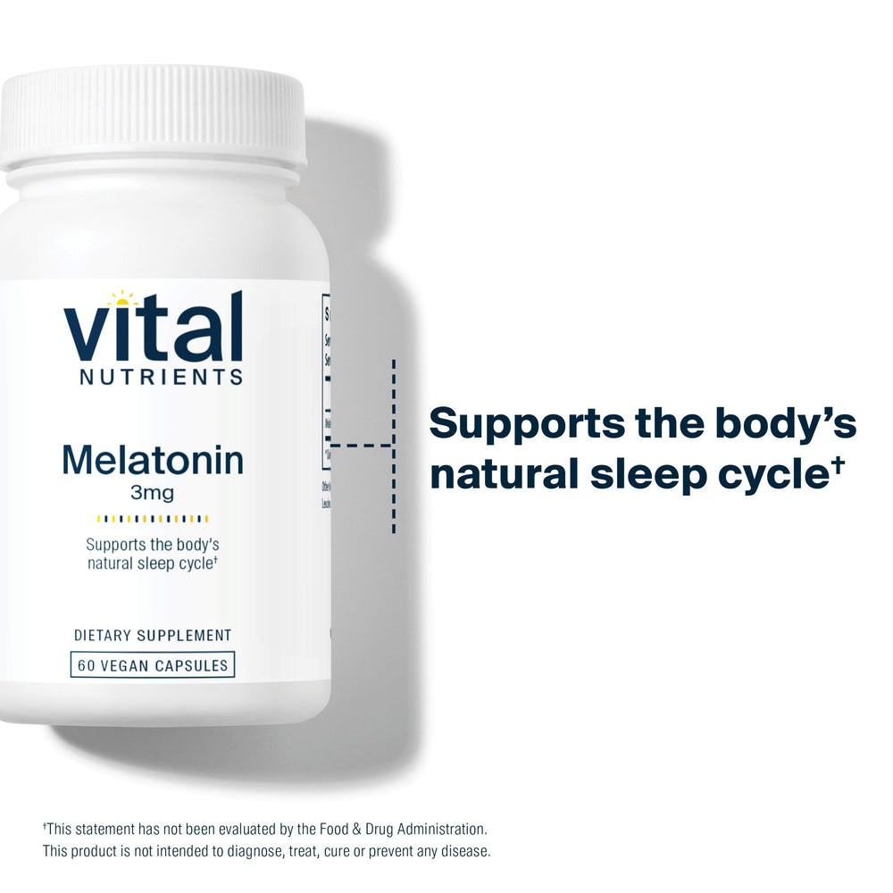 Vital Nutrients Melatonin 3mg allergen-free claim panel communicates gluten and dairy free status.