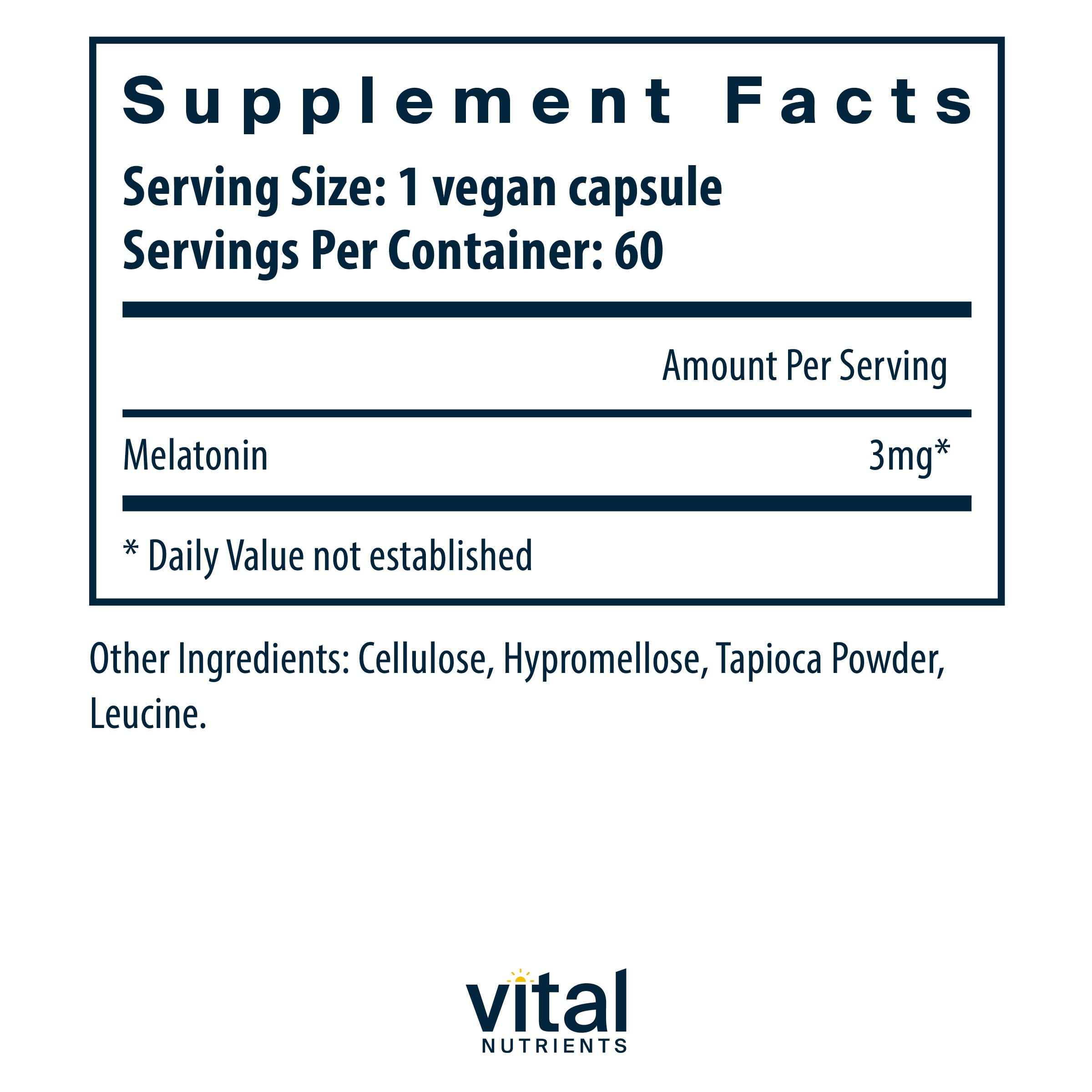 Vital Nutrients Melatonin 3mg capsules on nightstand for calming bedtime routine.