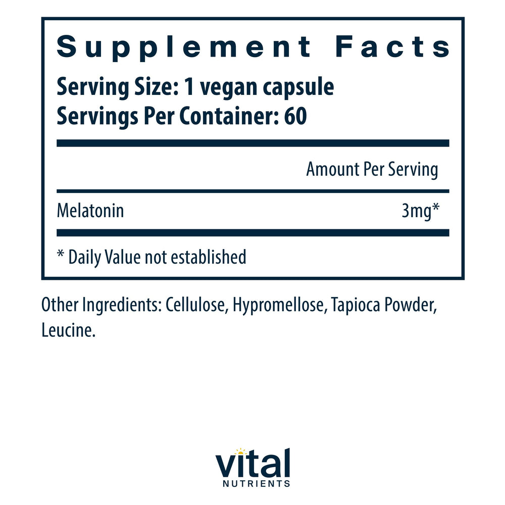 Vital Nutrients Melatonin 3mg capsules on nightstand for calming bedtime routine.