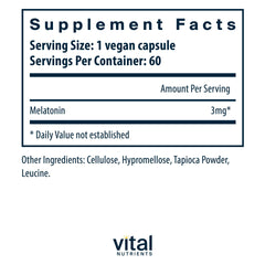 Vital Nutrients Melatonin 3mg ingredient panel shows vegan, allergen-conscious formulation.