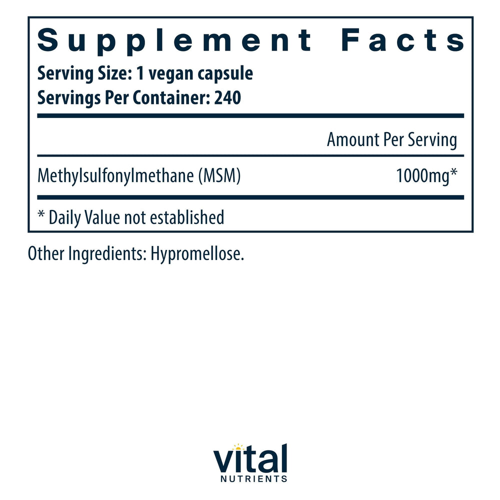 Close-up of Vital Nutrients MSM 1000 mg product label