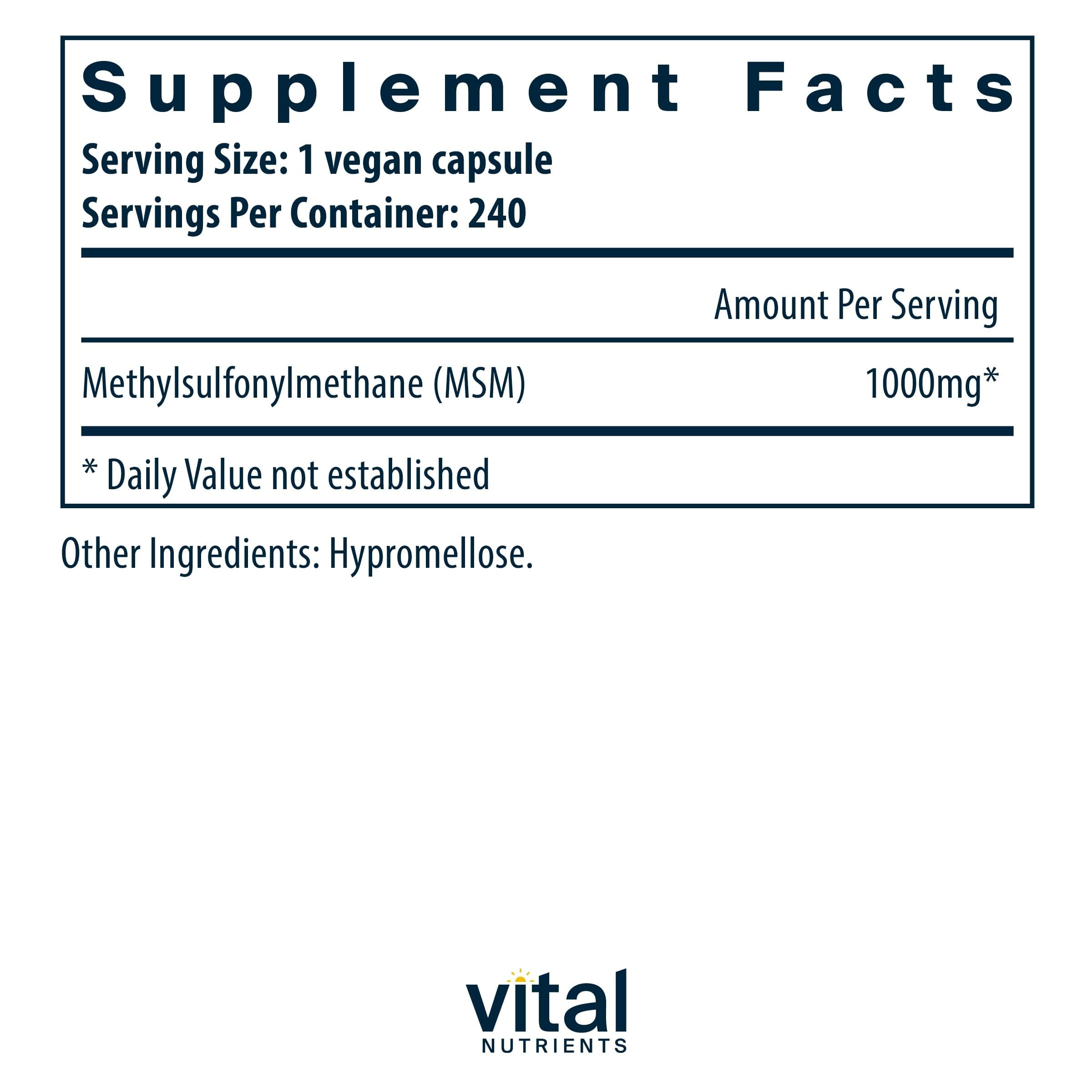 Vital Nutrients MSM 1000mg bottle front with clean vegan formulation