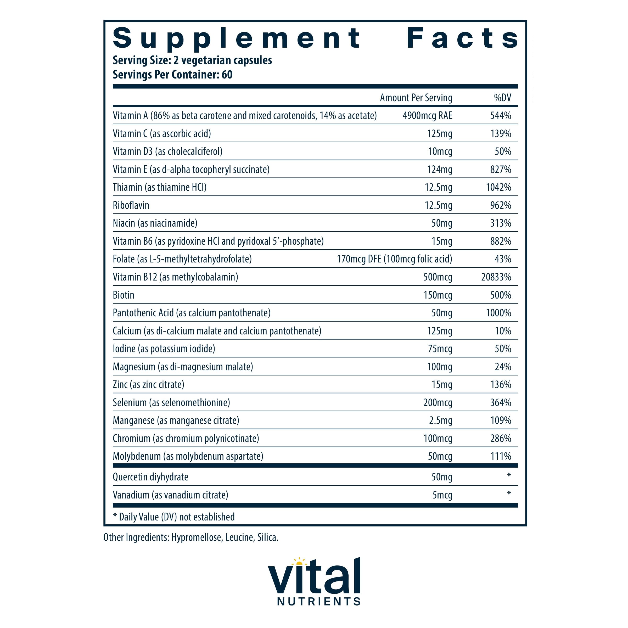 Supplement facts panel showing 20+ nutrients