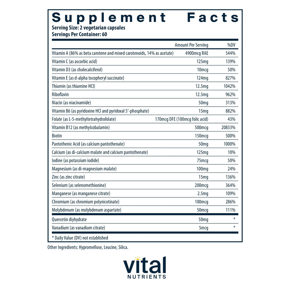 Supplement facts panel showing 20+ nutrients