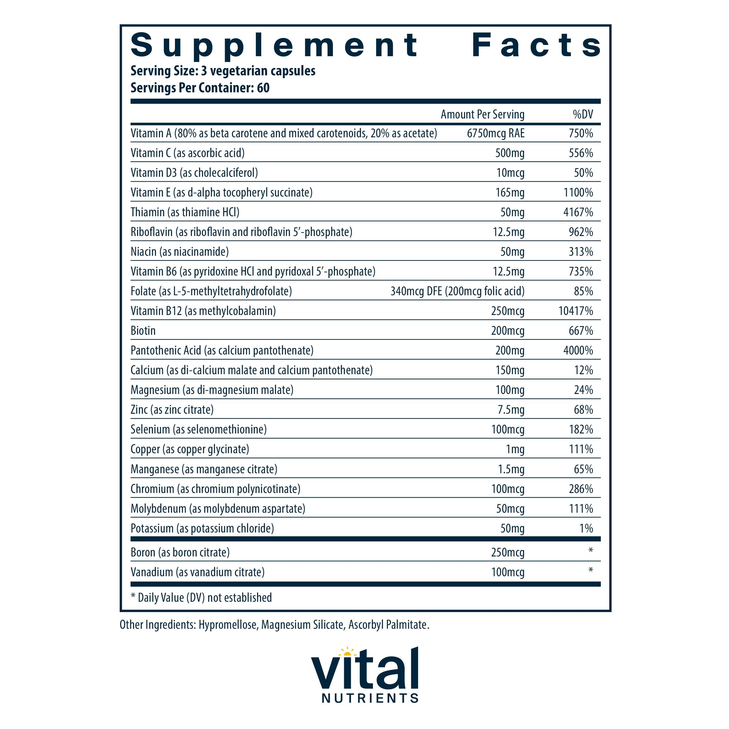 Vital Nutrients capsules close-up highlighting methylated vitamins for absorption