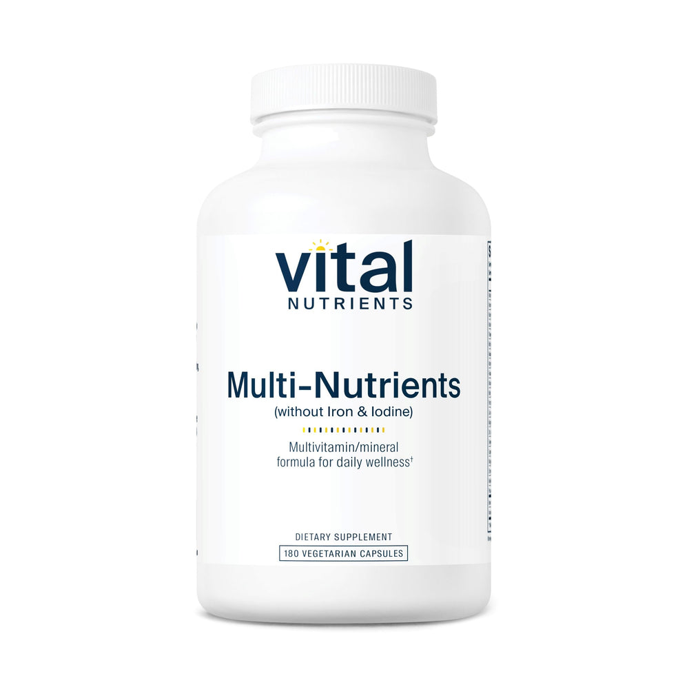 Vital Nutrients multi-nutrients bottle shows no iron or iodine for vegetarian daily use