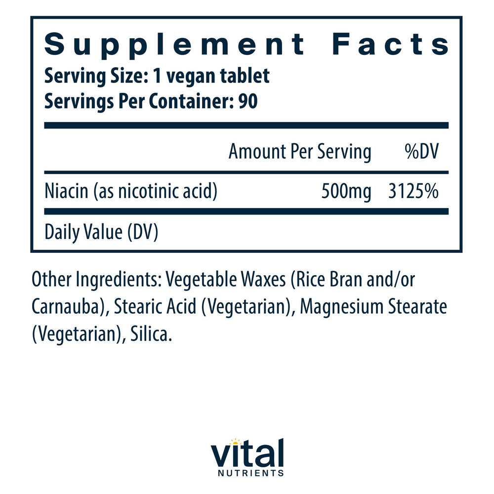 Close-up of Vital Nutrients Niacin 500mg label