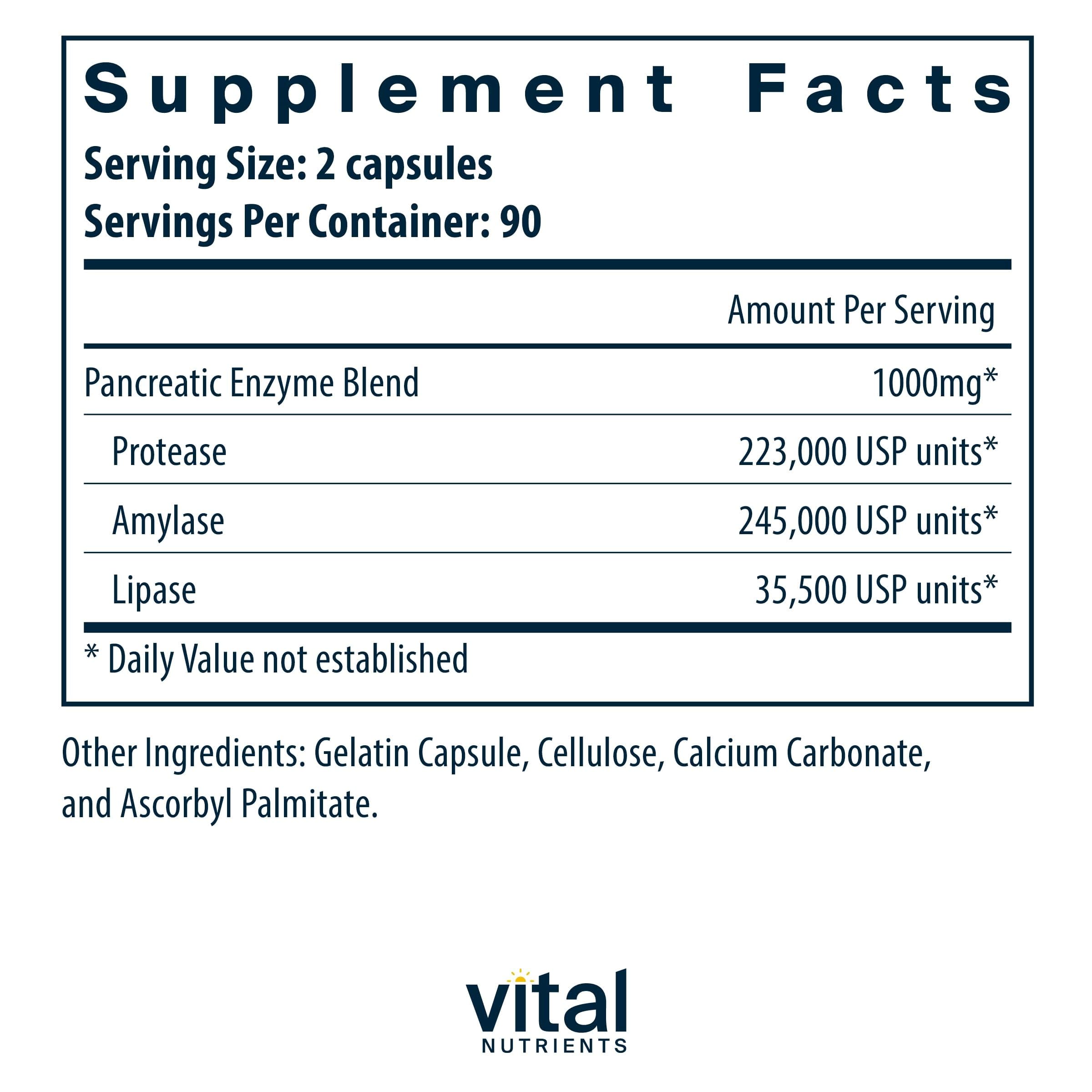 Back panel showing ingredients for Vital Nutrients Pancreatic Enzymes 1000mg