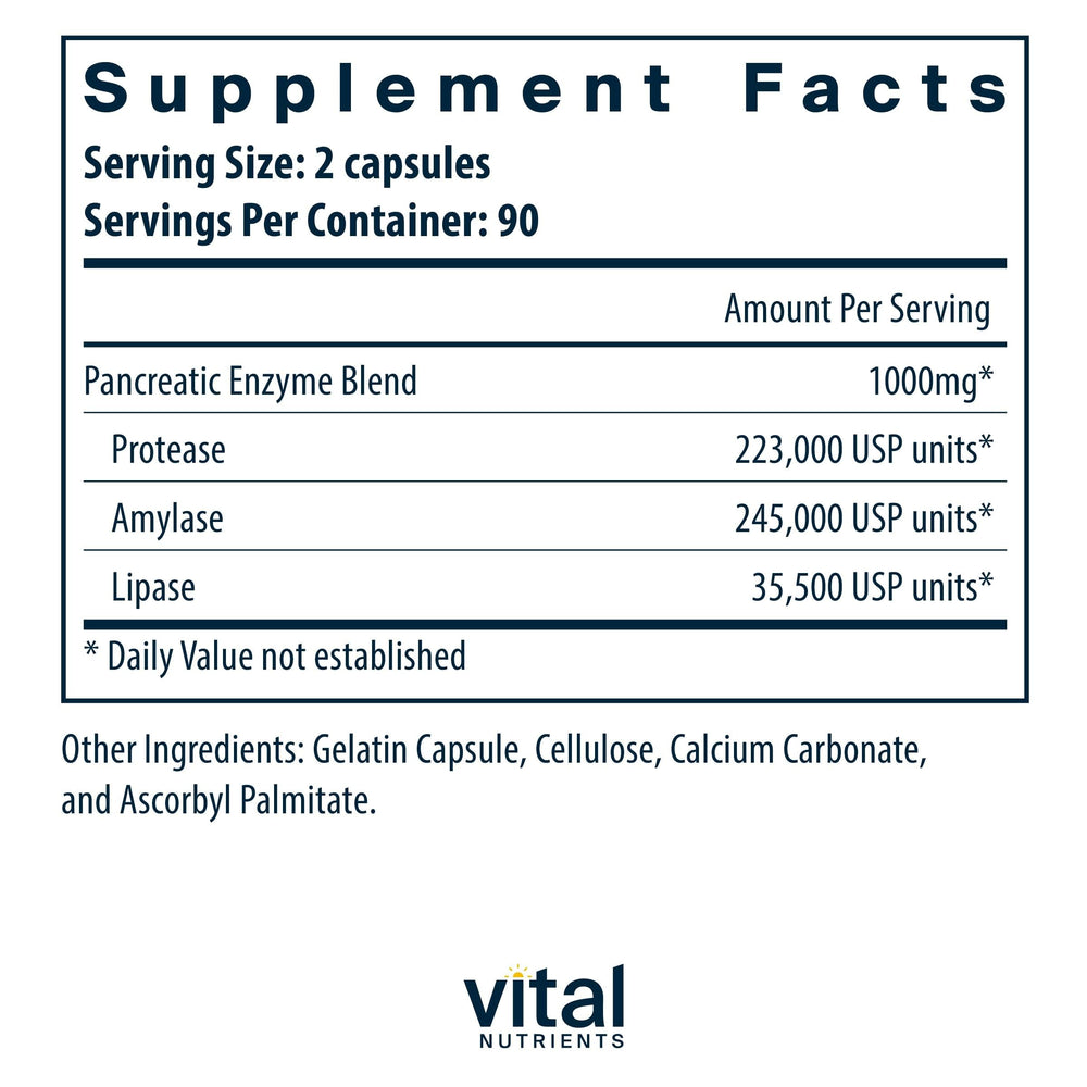 Back panel showing ingredients for Vital Nutrients Pancreatic Enzymes 1000mg