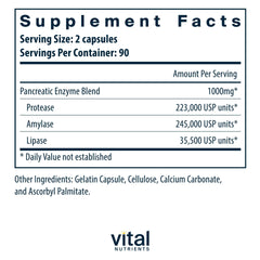 Back panel showing ingredients for Vital Nutrients Pancreatic Enzymes 1000mg
