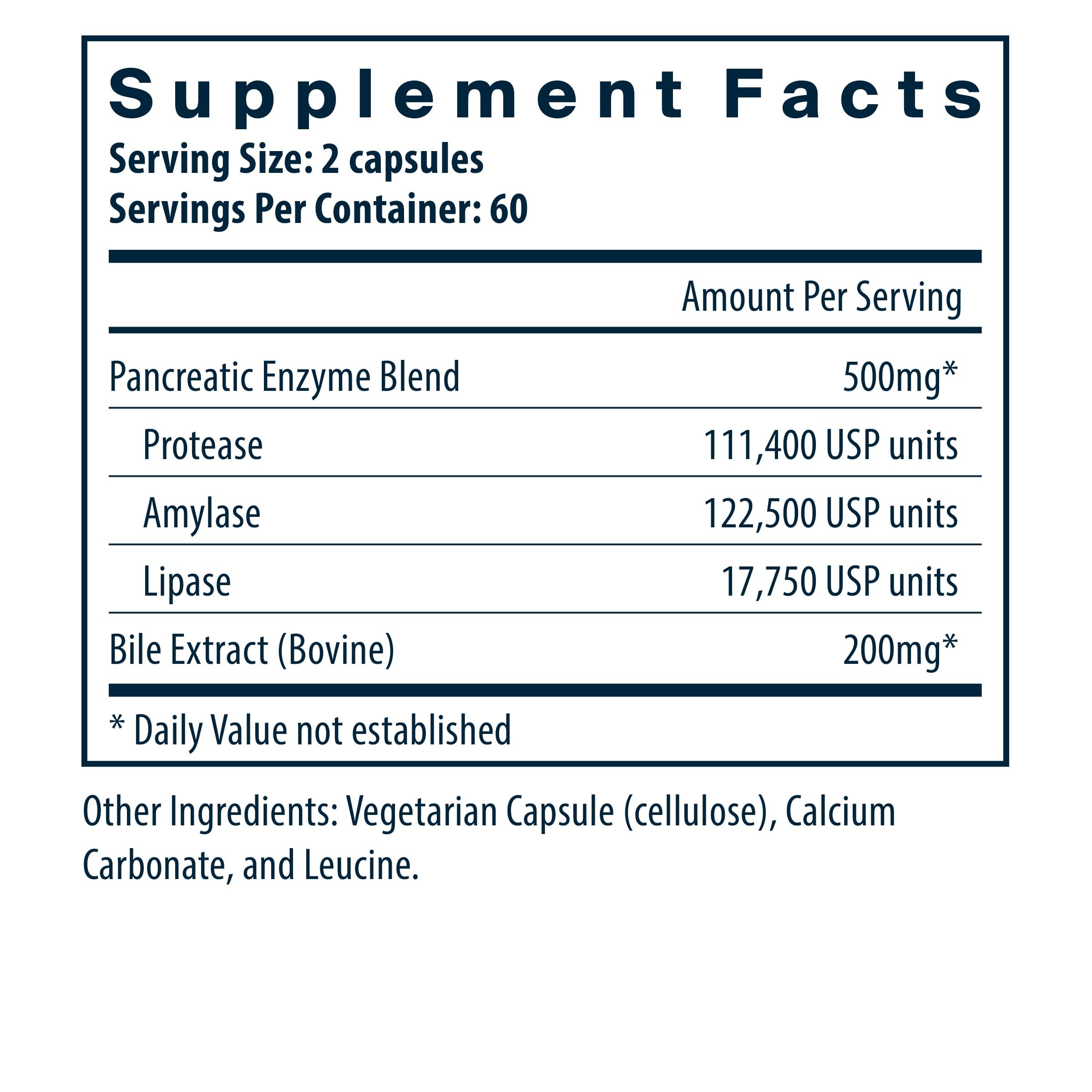 Close-up of Vital Nutrients Pancreatin & Ox Bile Extract label