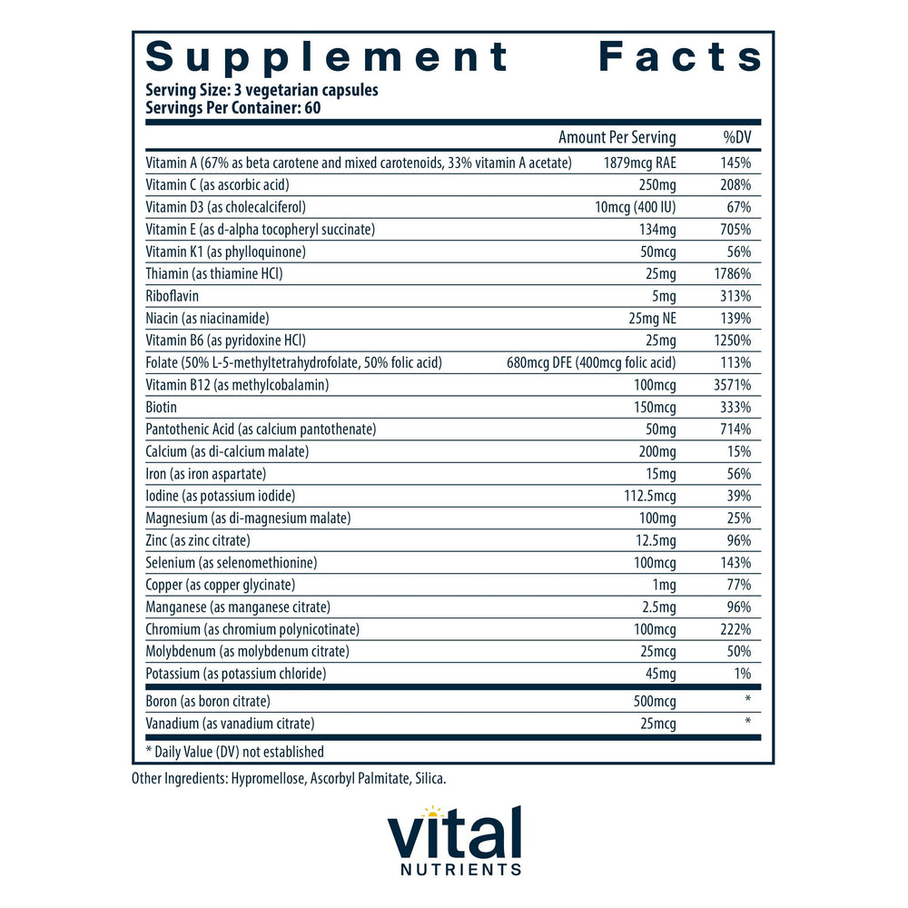 Vital Nutrients PreNatal Multi-Nutrients capsules closeup highlights easy-to-tolerate prenatal capsules.