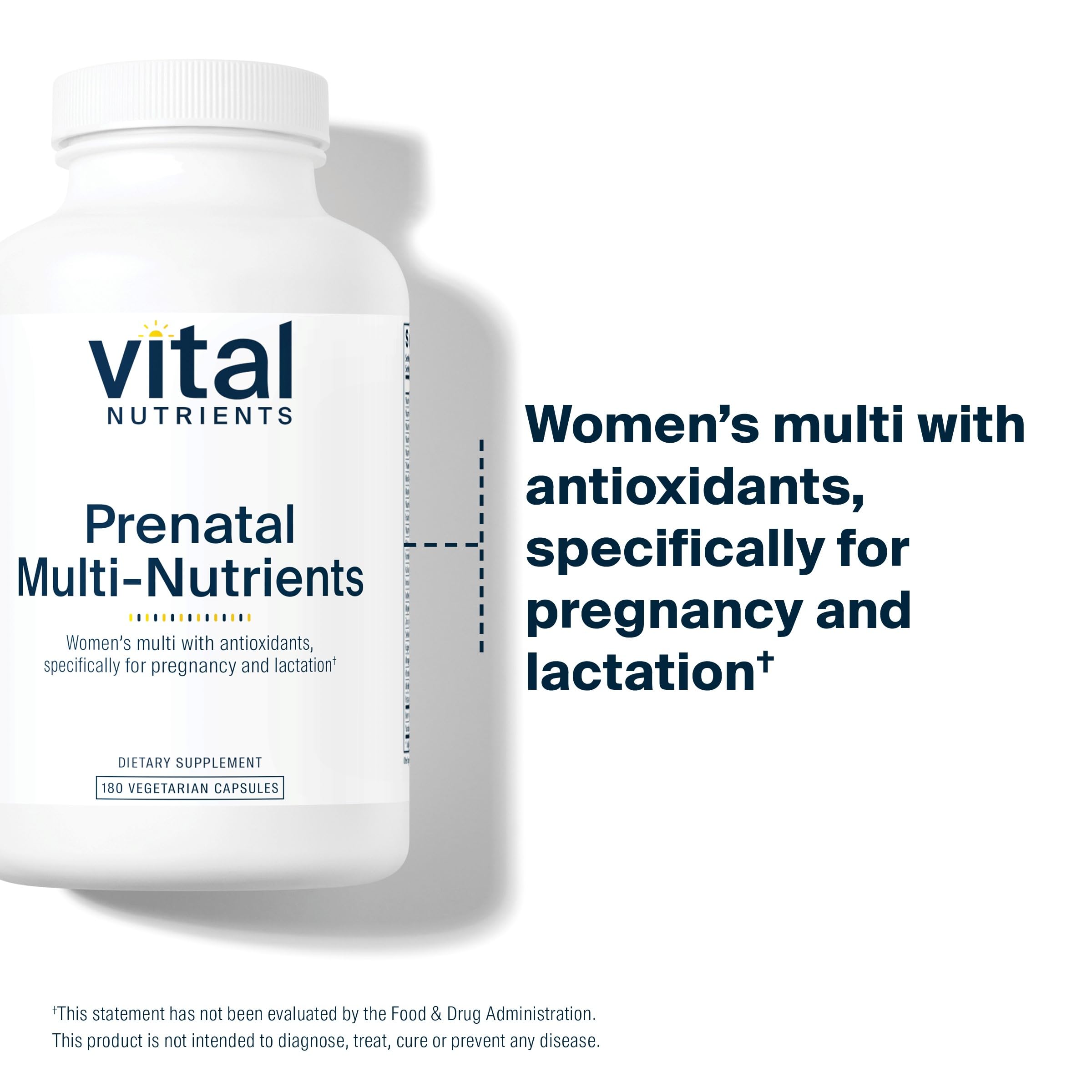 Vital Nutrients PreNatal Multi-Nutrients ingredients lineup highlights methylated folate and iron support.