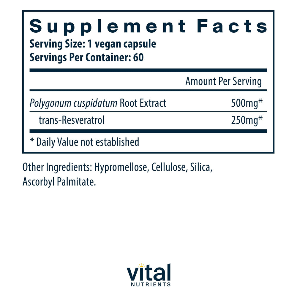 Vital Nutrients Resveratrol label detail confirms vegan and allergen-free formulation