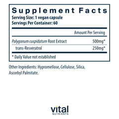 Vital Nutrients Resveratrol label detail confirms vegan and allergen-free formulation