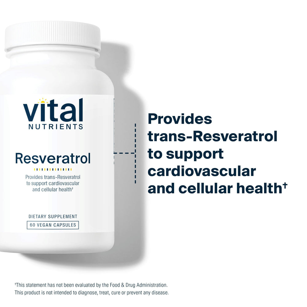Vital Nutrients Resveratrol packaging box shows clean-label, non-GMO daily supplement