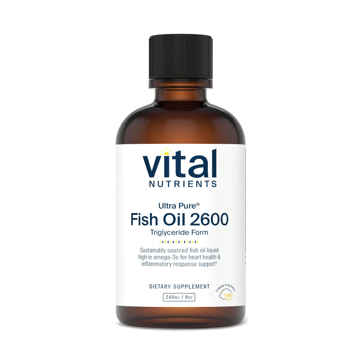 Vital Nutrients Ultra Pure Fish Oil 2600 bottle with lemon flavor, 8 oz