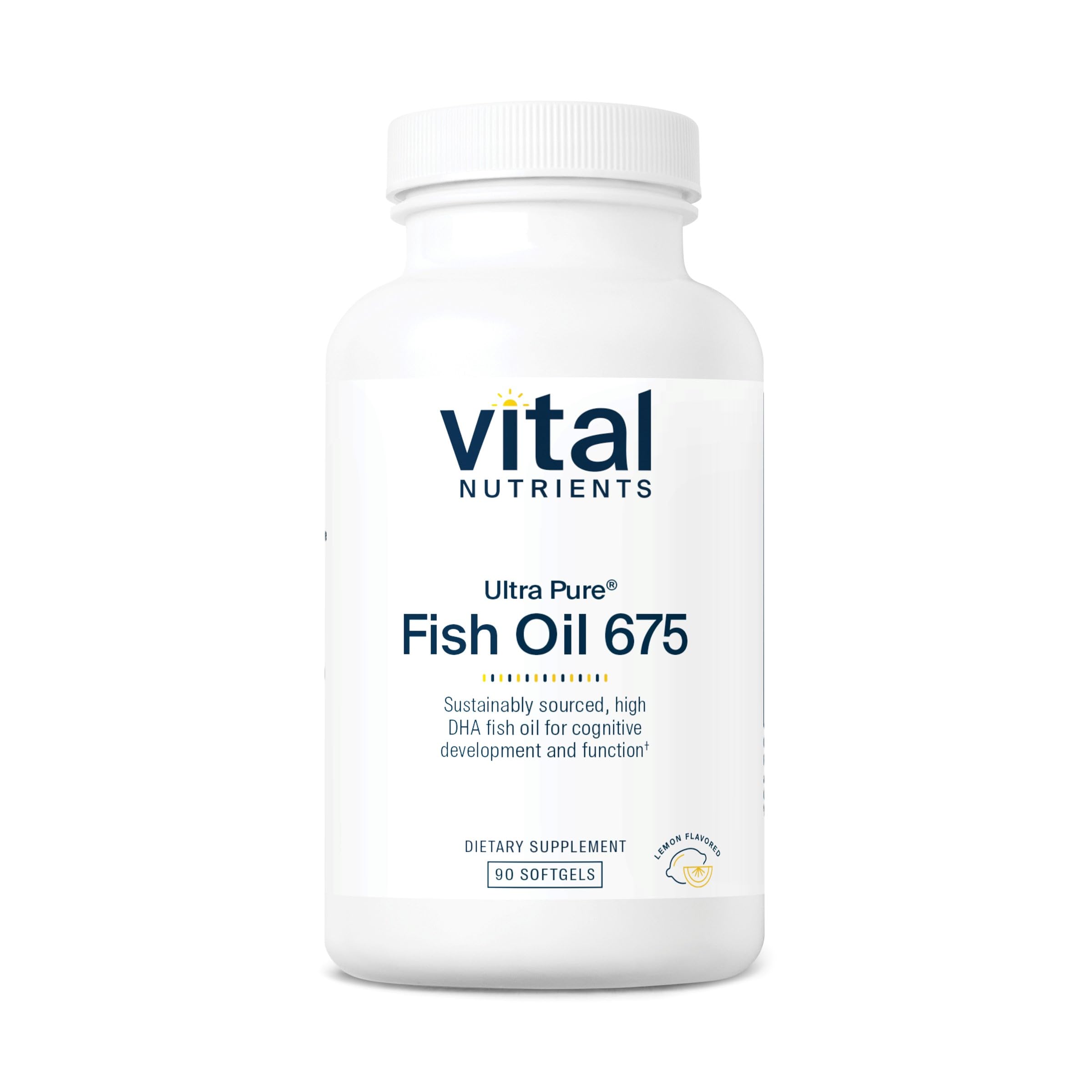 Bottle of Vital Nutrients Ultra Pure Fish Oil 675 with lemon flavor