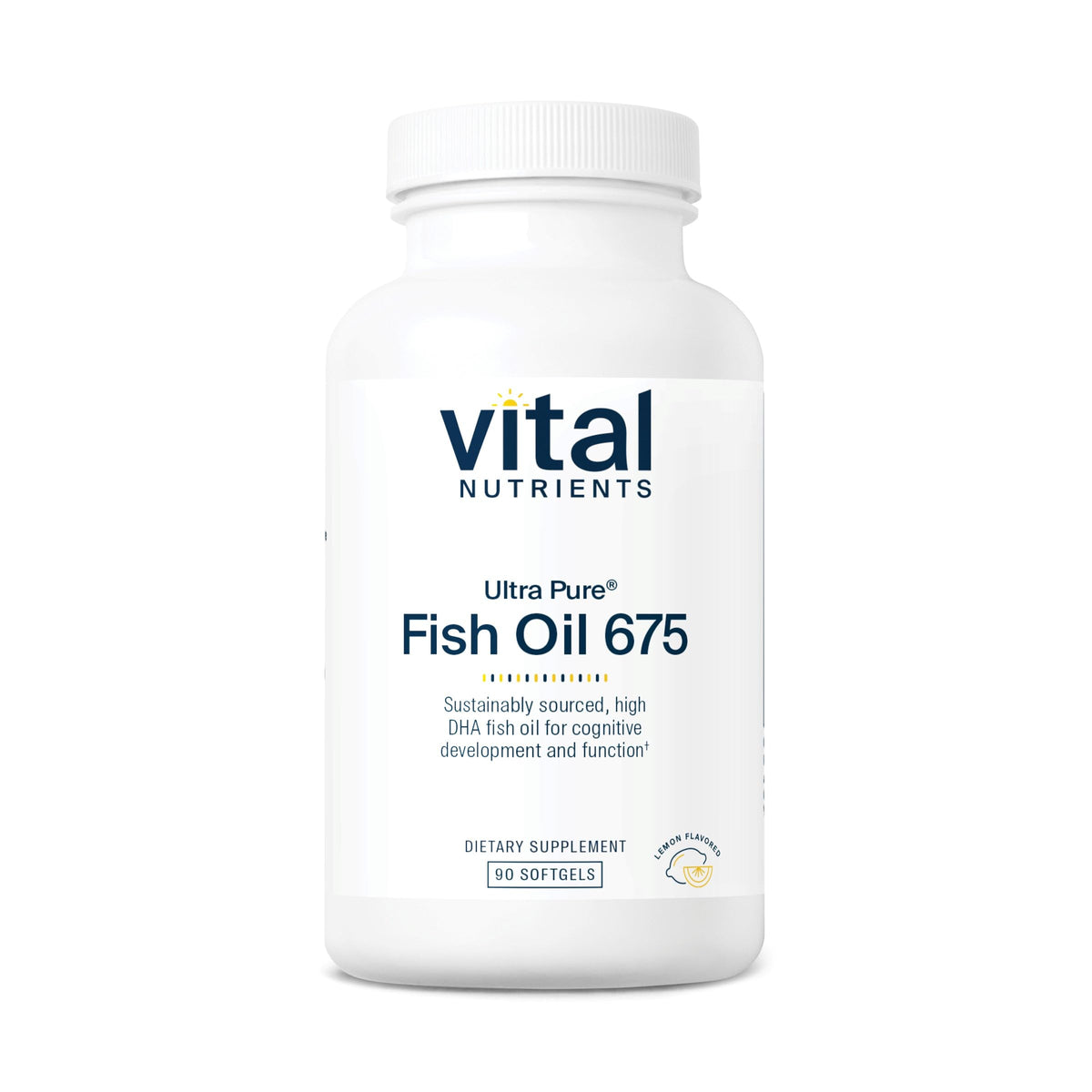 Bottle of Vital Nutrients Ultra Pure Fish Oil 675 with lemon flavor