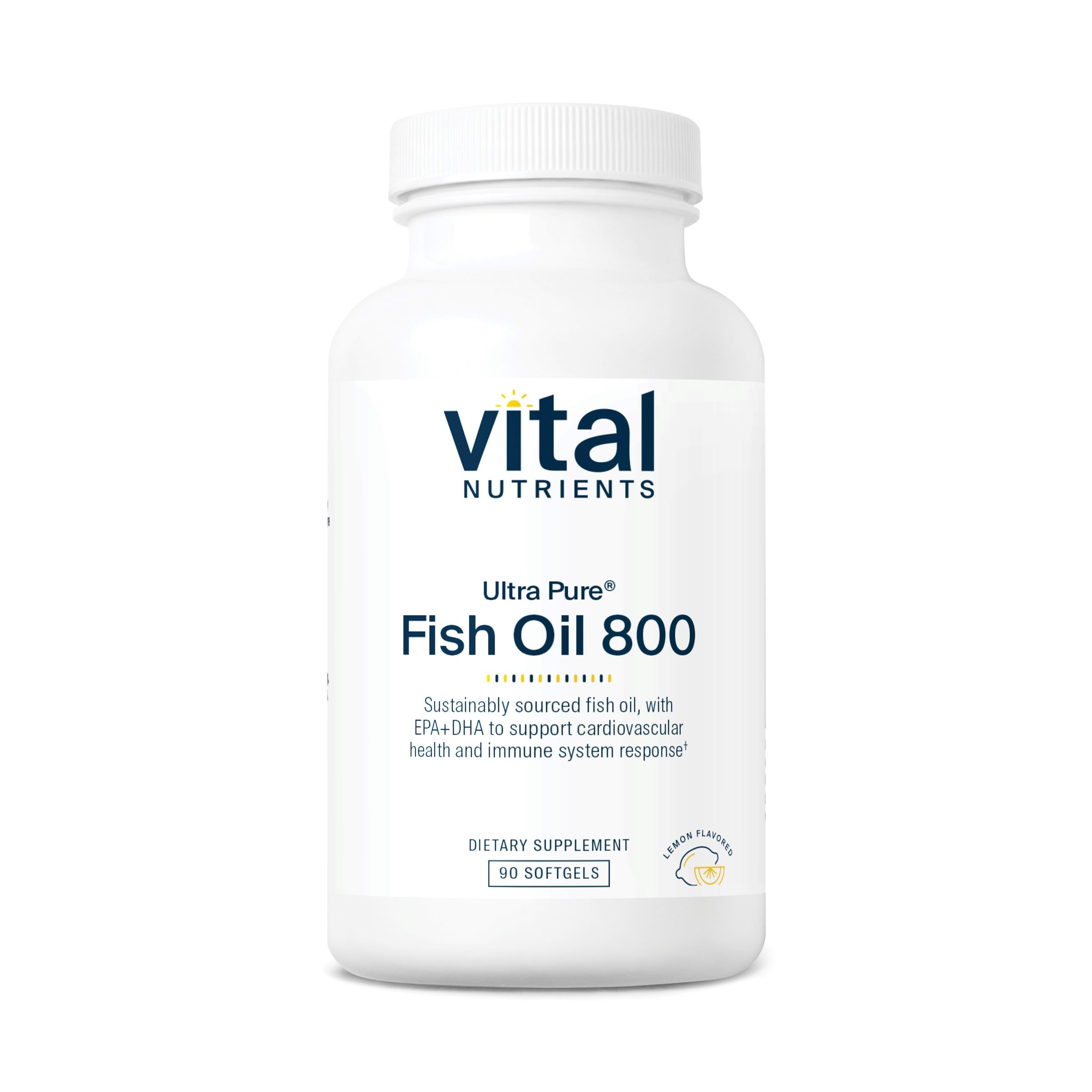 Front view of Vital Nutrients Ultra Pure Fish Oil 800 bottle with lemon flavor